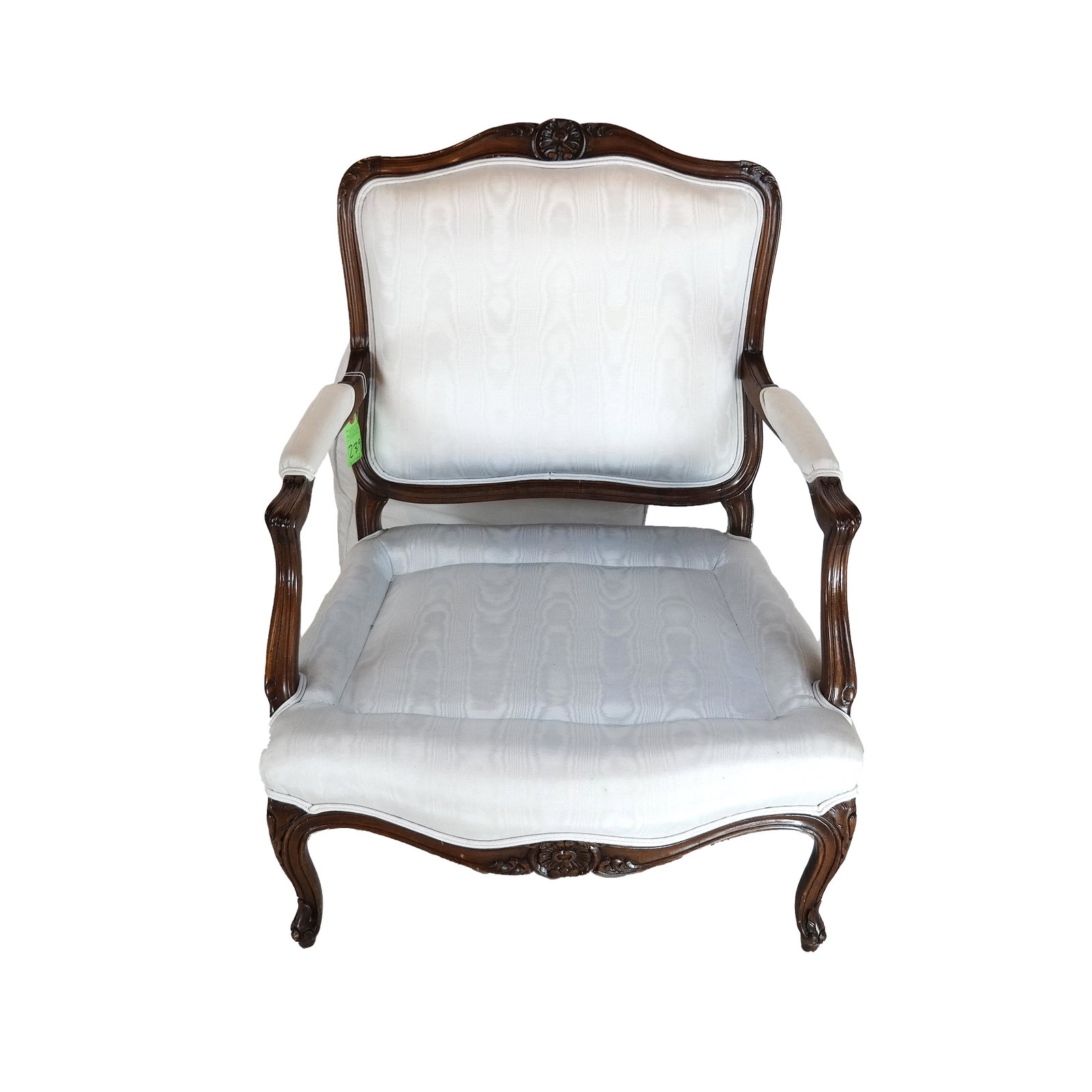 French Marquise-Style Arm Chair: Louis XVI-style arm chair, with cream upholstery. [35 1/4" H x 28" W x 22 1/2" D; 17 1/2" to seat].