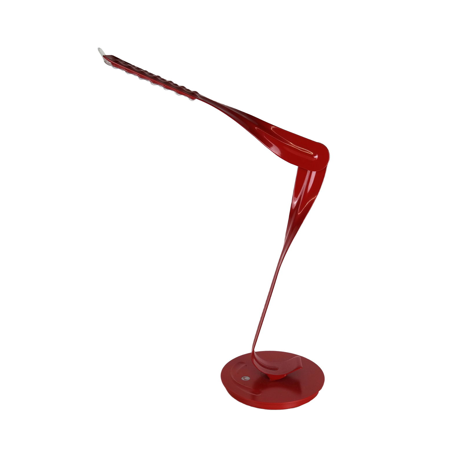 Herman Miller Personal Leaf Lamp: Late 20th century Yves Behar for Herman Miller red LED leaf desk lamp. [Vertical Arm: 20" H; Horizontal Arm: 18 5/8" L; Base: 8 3/4" Diam.]. The finish is good. The wiring needs to be replaced.