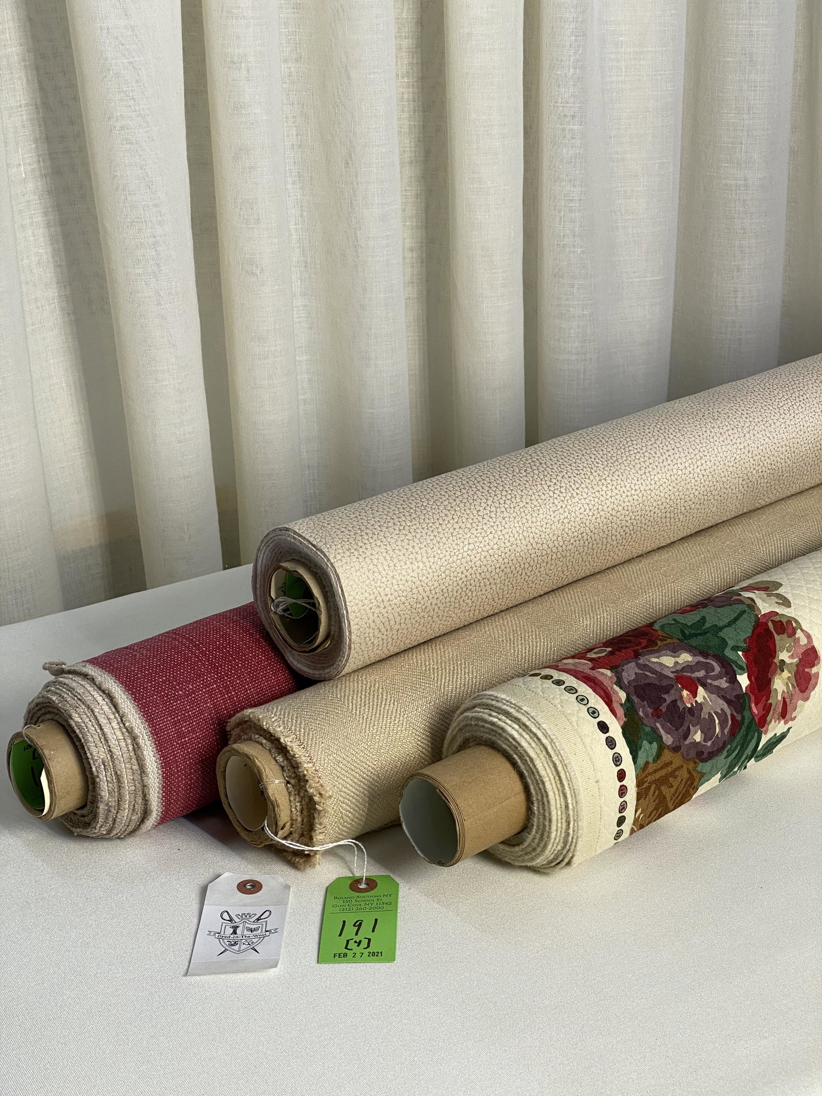 Summer Hill, Osborne & Little, Kravet, JAB Fabrics: 1) 6 yards of Summer Hill's "Somerset", a hand printed cotton matelasse / pique effect of urned bouquets and wreaths, multicolored on beige, 48" wide with a 40" vertical repeat with a 20" half drop ac