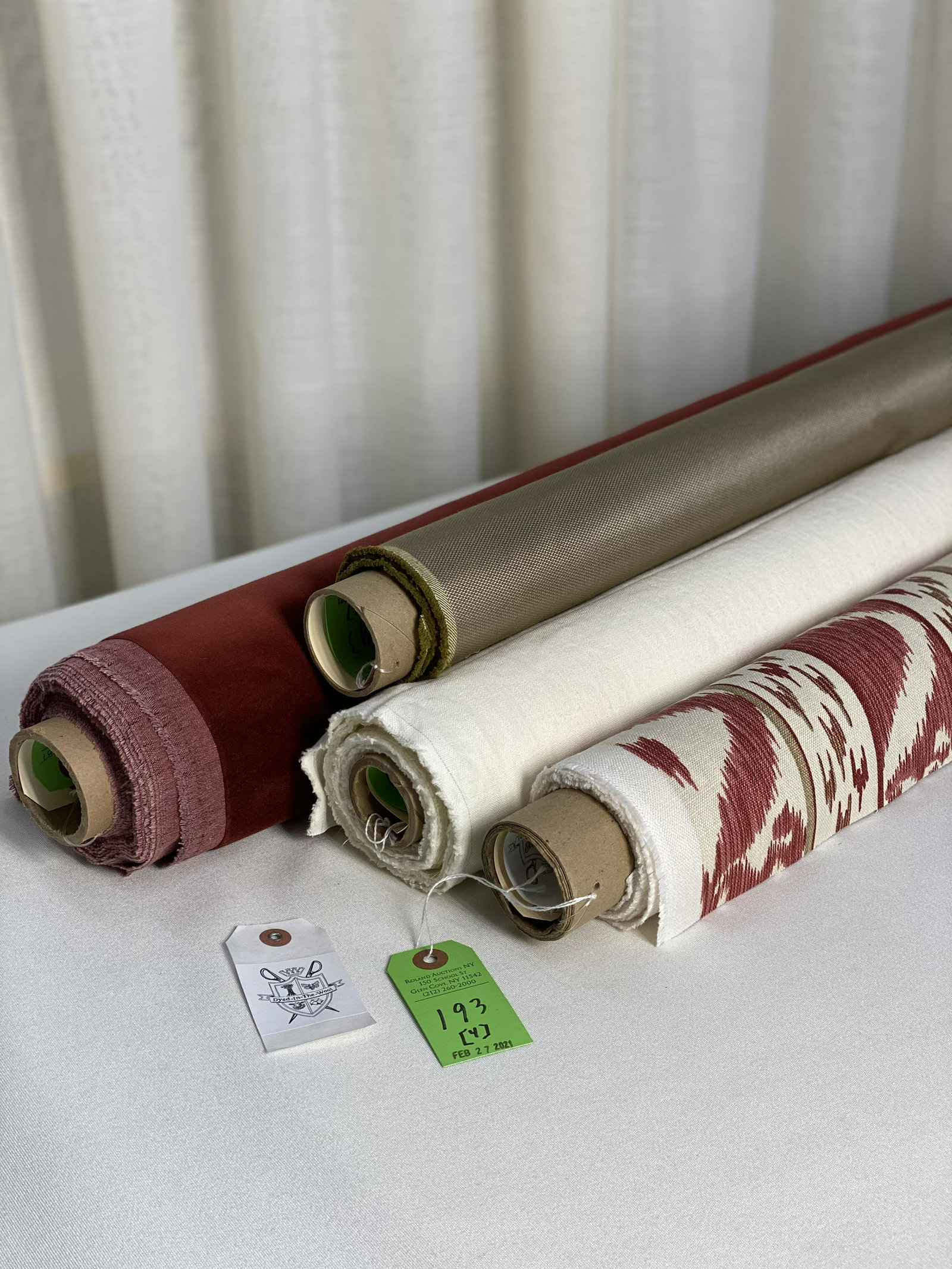 Cowtan & Tout, Schumacher, Donghia, Veral de Beval: 1) 2-plus yards of Cowtan & Tout's "Rapallo", a 3-color linen Ikat-style warp stripe print in reds, tan on cream, 53" wide. Design repeats of 12 1/2" vertical by 26 1/2" horizontal, in a 2-field layou