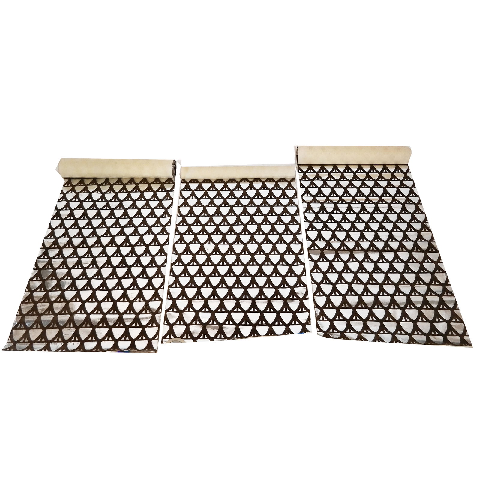 Three Rolls 1970s Wallpaper: Three rolls of silver and brown flocked wallpaper from the 1970. Length not counted. [26 7/8" W].