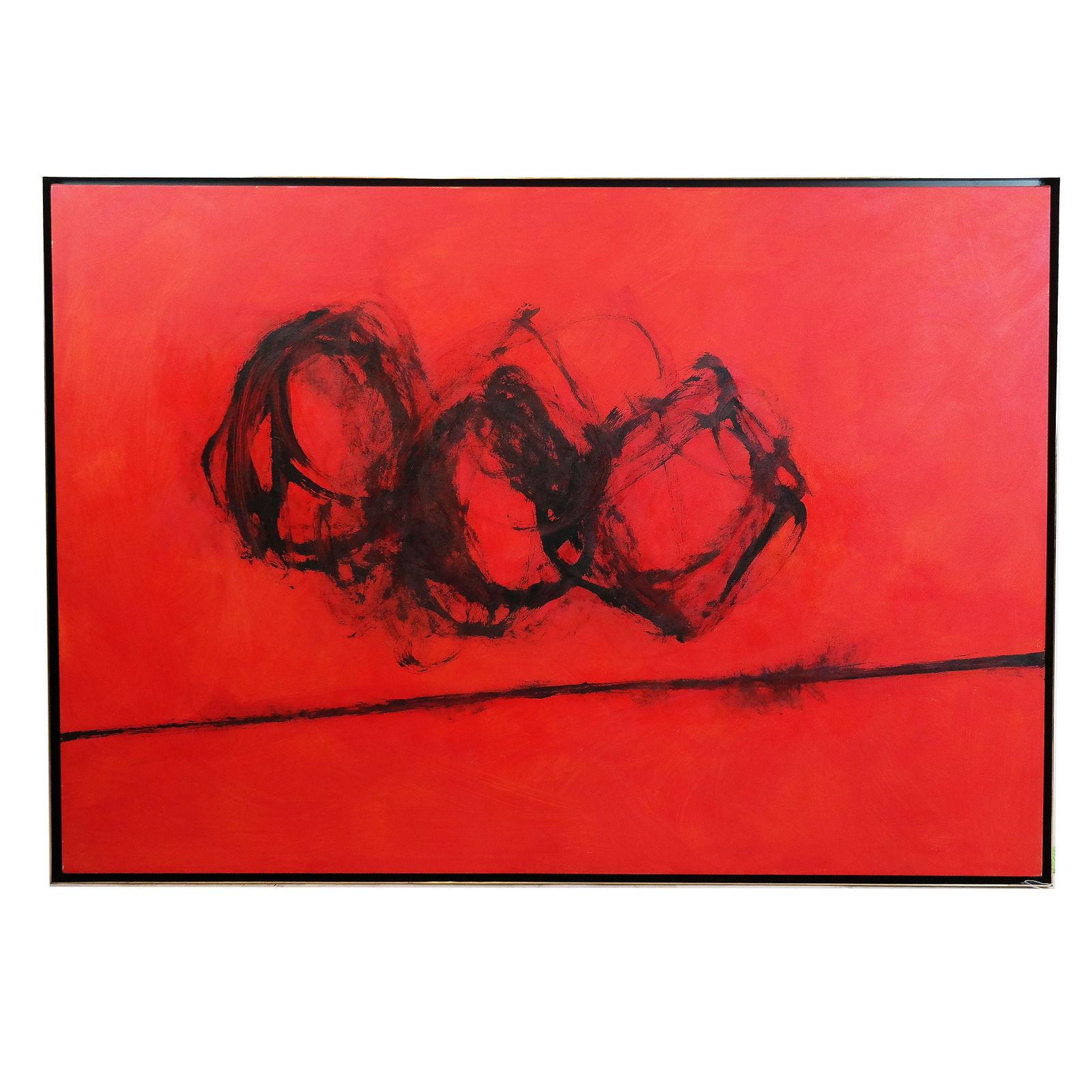 Cleve GRAY: "Red Firmament" - Painting: Abstract acrylic on canvas titled "Red Firmament", in brushed brass frame. [Art: 71" H x 50 1/2" W; Frame: 72" H x 51 1/2" W].