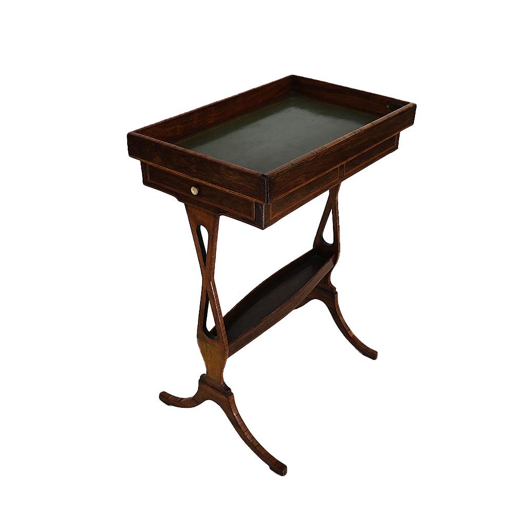 American Tray on Stand: American tray on stand, the tray inset with a gilt embossed leather bottom, with two drawers. [Overall: 30" H x 22" W x 14 1/2" D].
