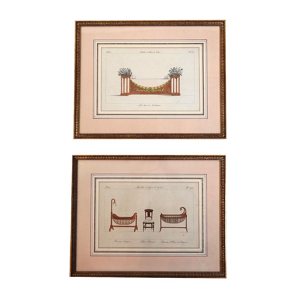 Pair of French Furniture Prints: "Meubles et Objets de Gout" prints. [Sight: 8" H x 12 1/4" W; Frame: 15 1/4" H x 19 1/4" W].