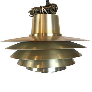 Svend Middelboe Danish Modern Verona Pendant Light: Svend Middelboe for Nordisk Solar Company Danish mid-century modern "Verona" pendant light, 1970s, gold-tone metal shade with partially orange enameled interior. [12 3/4" H x 20" Diam.].