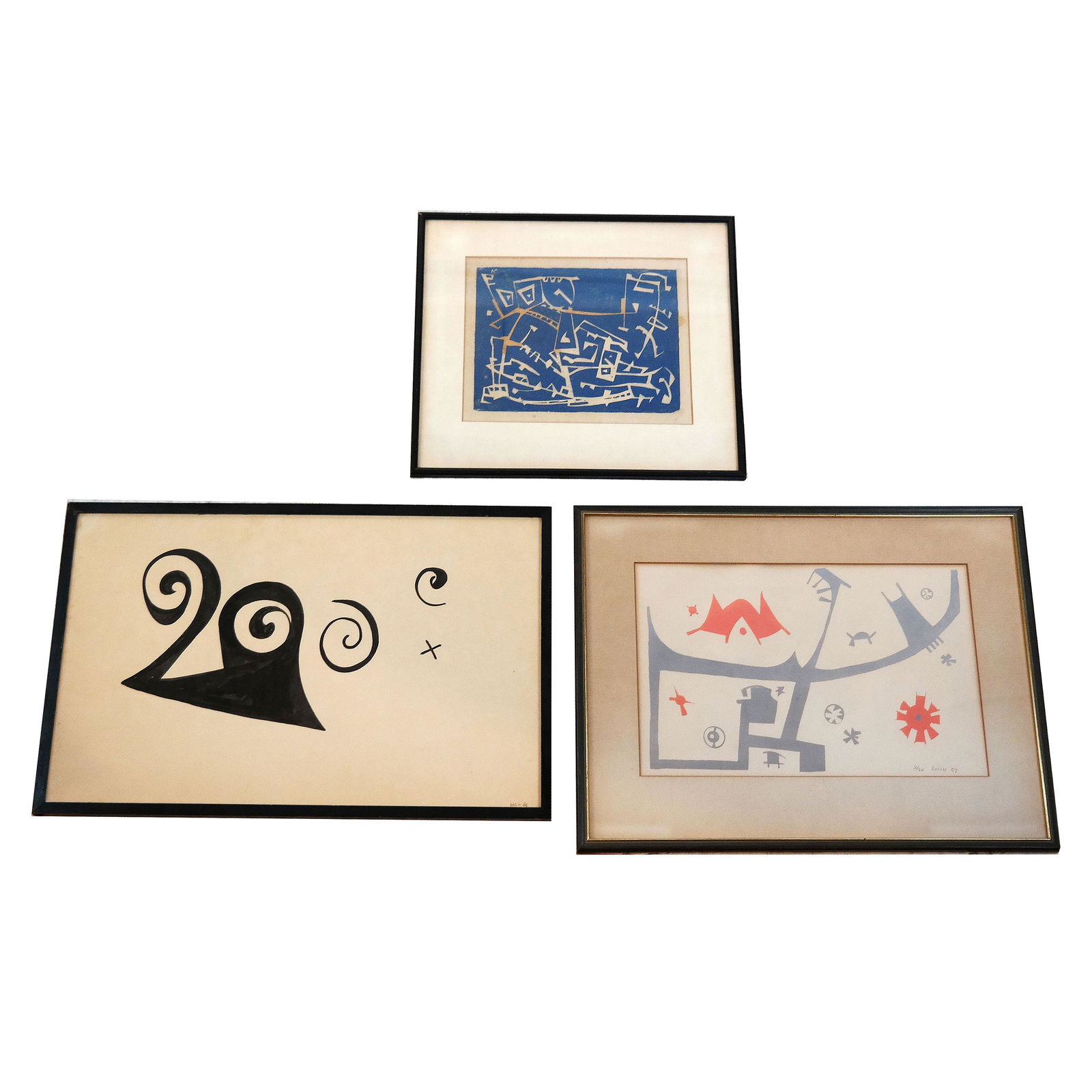 Sacha KOLIN: 3 Abstracts: Sacha Kolin (French-American 1911-1981), three abstracts in black frames, two signed and dated. [Largest: 14 1/2" H x 22 1/2" W].