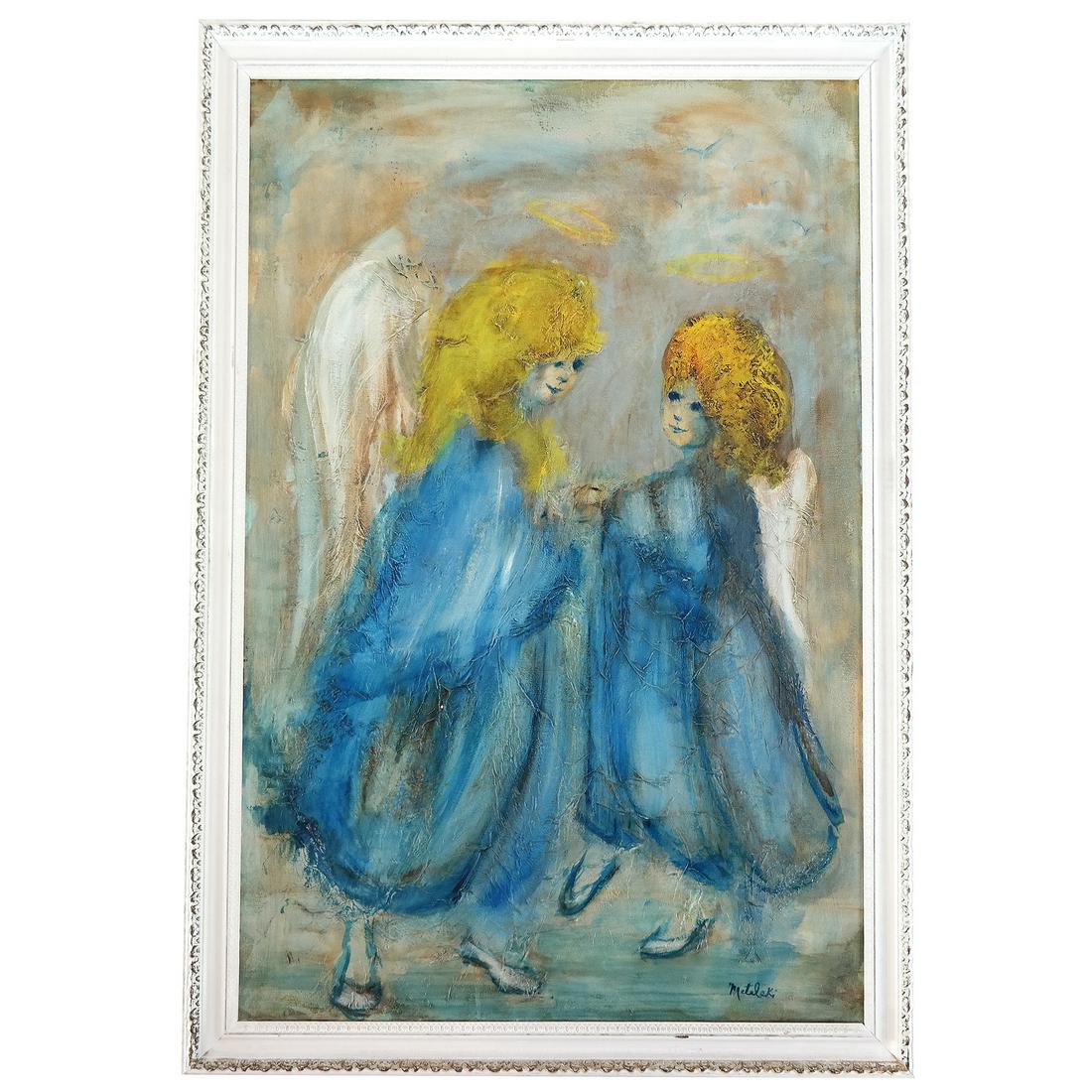 Charles METELOKI: Two Girls - Oil Painting: Framed oil on canvas "Daring Jane", East Hampton, NY. [Art: 36" H x 24" W; Frame: 40" H x 27 1/2" W].