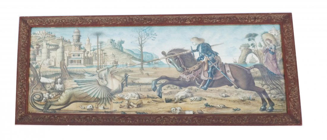 L. DESIDERY: St. George - Watercolor Painting: Watercolor painting on paper after Vittore Carpaccio's mural of St. George and the Dragon (1502), signed "L. Desidery, 1898". [Sight: 15" H x 38 1/2" W; Frame: 19 1/4" H x 42 1/2" W]. Crease along far