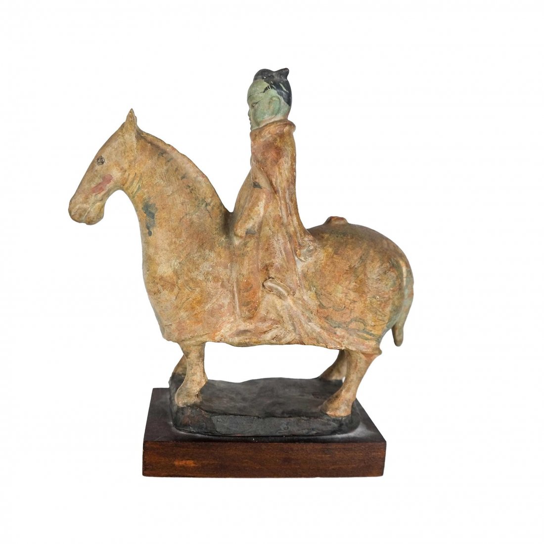 Chinese Tang Horse-Style Ceramic: Ceramic sculpture on wood base of a Chinese-style horse and rider, signed "CB/Paris" on ceramic base. [Overall: 8 1/2" H x 7 1/2" W x 3 1/4" D].