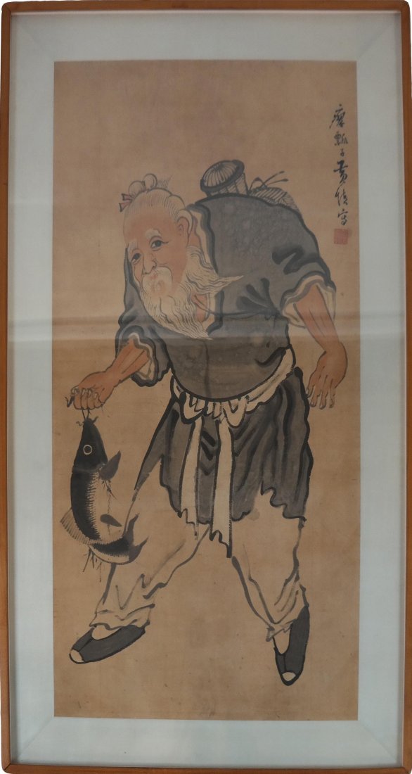 Chinese Watercolor Painting - Old Fisherman: Chinese watercolor on paper of an old man with a fish, signed upper right. [Art: 46" H x 24" W; Frame: 55" H x 32" W]. In good condition.
