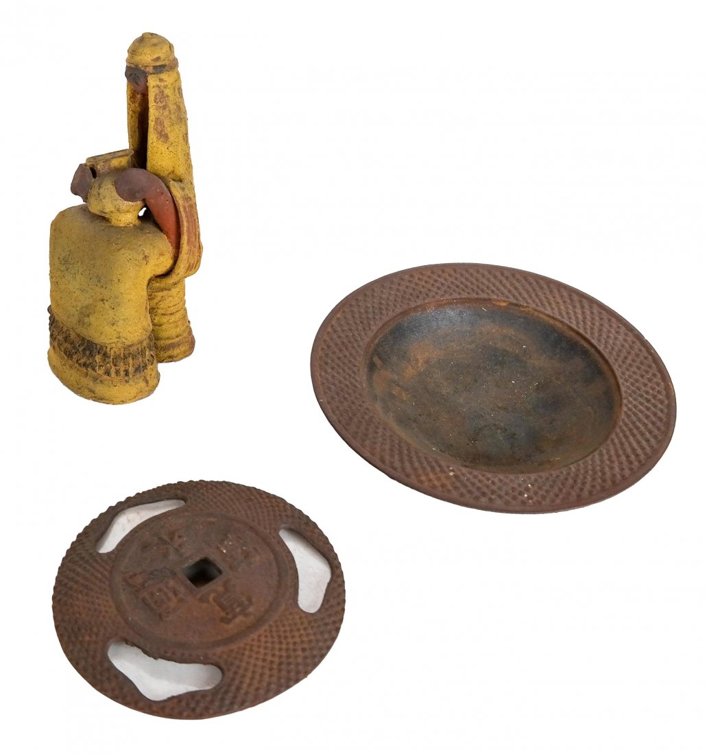 Ceramic Female Statue & Japanese Censer Dish: A signed ceramic Modernist female figurine [7" H x 2 1/2" W x 3' D] and a Japanese iron censer dish [1 1/2" H x 7" Diam.].