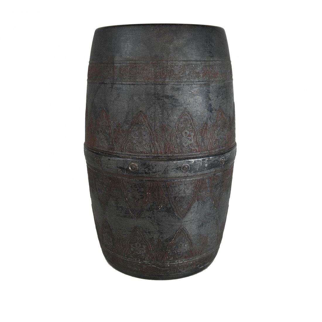 African Incised Metal Drum: African incised metal drum. [15 1/2" H x 7 3/4" Diam.].