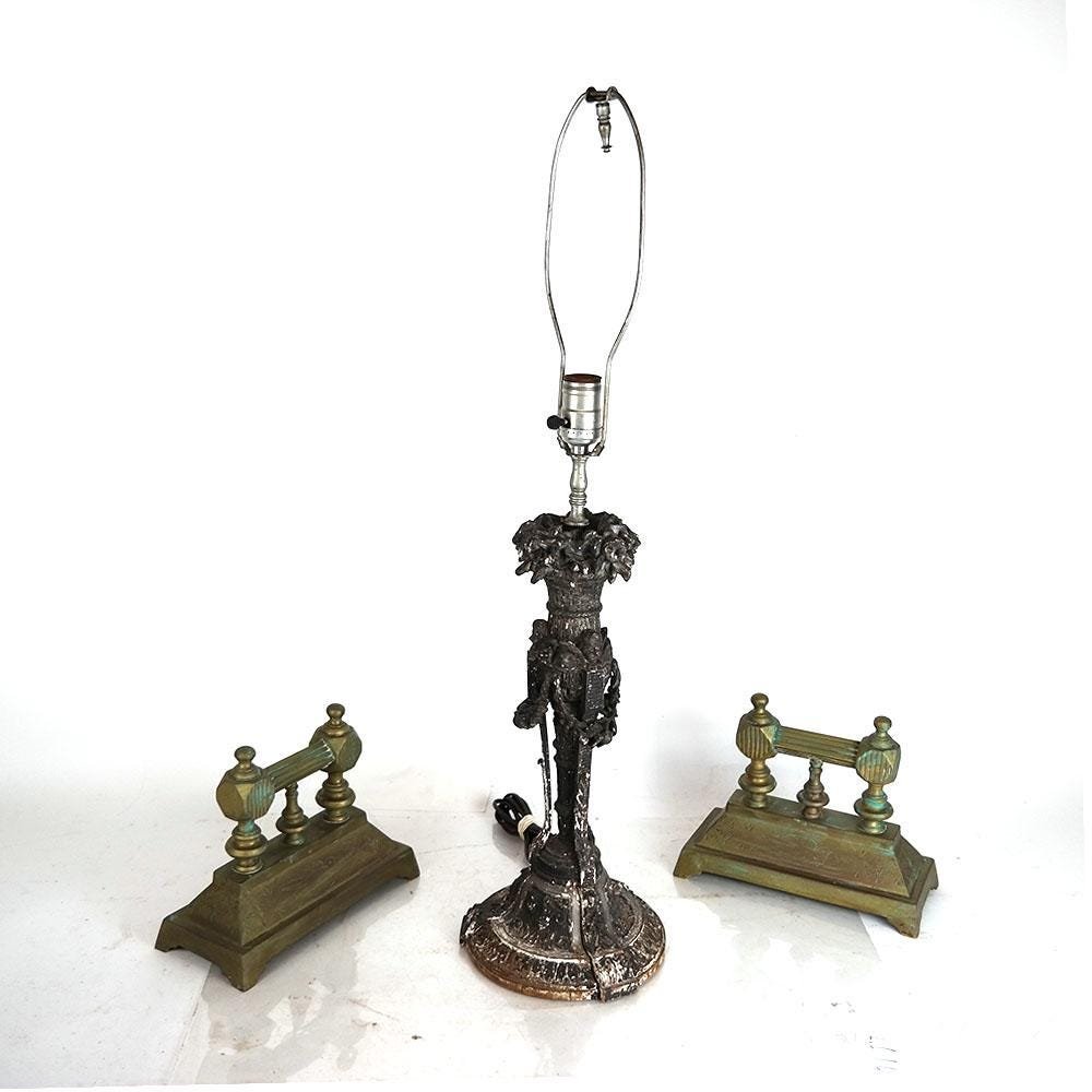 Carved Lamp and Pair Brass Chenets (1 of 9)