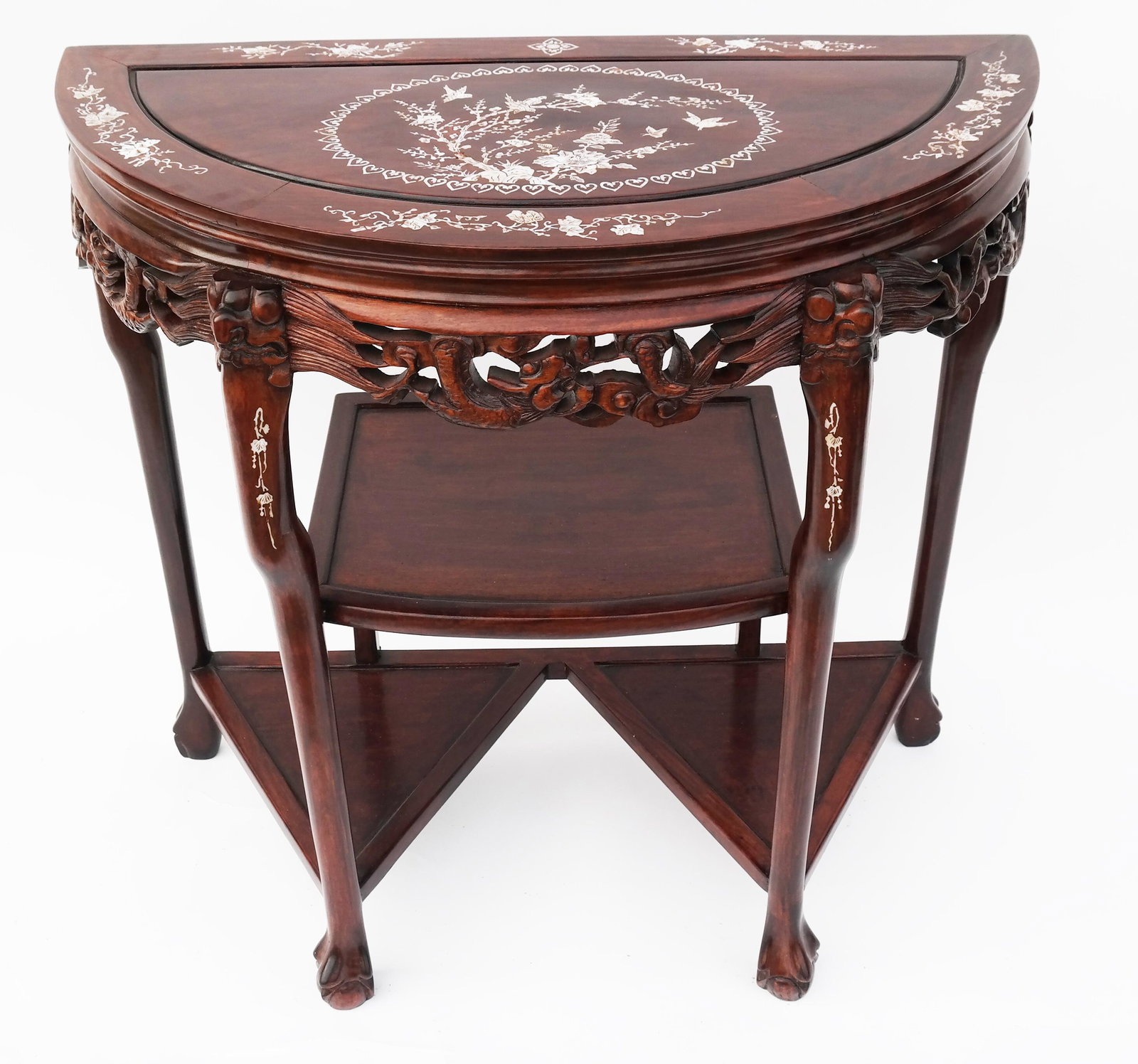 Asian Demilune Console: Asian demilune console, with a lower tier. [32" H x 33" W x 15 1/4" D].