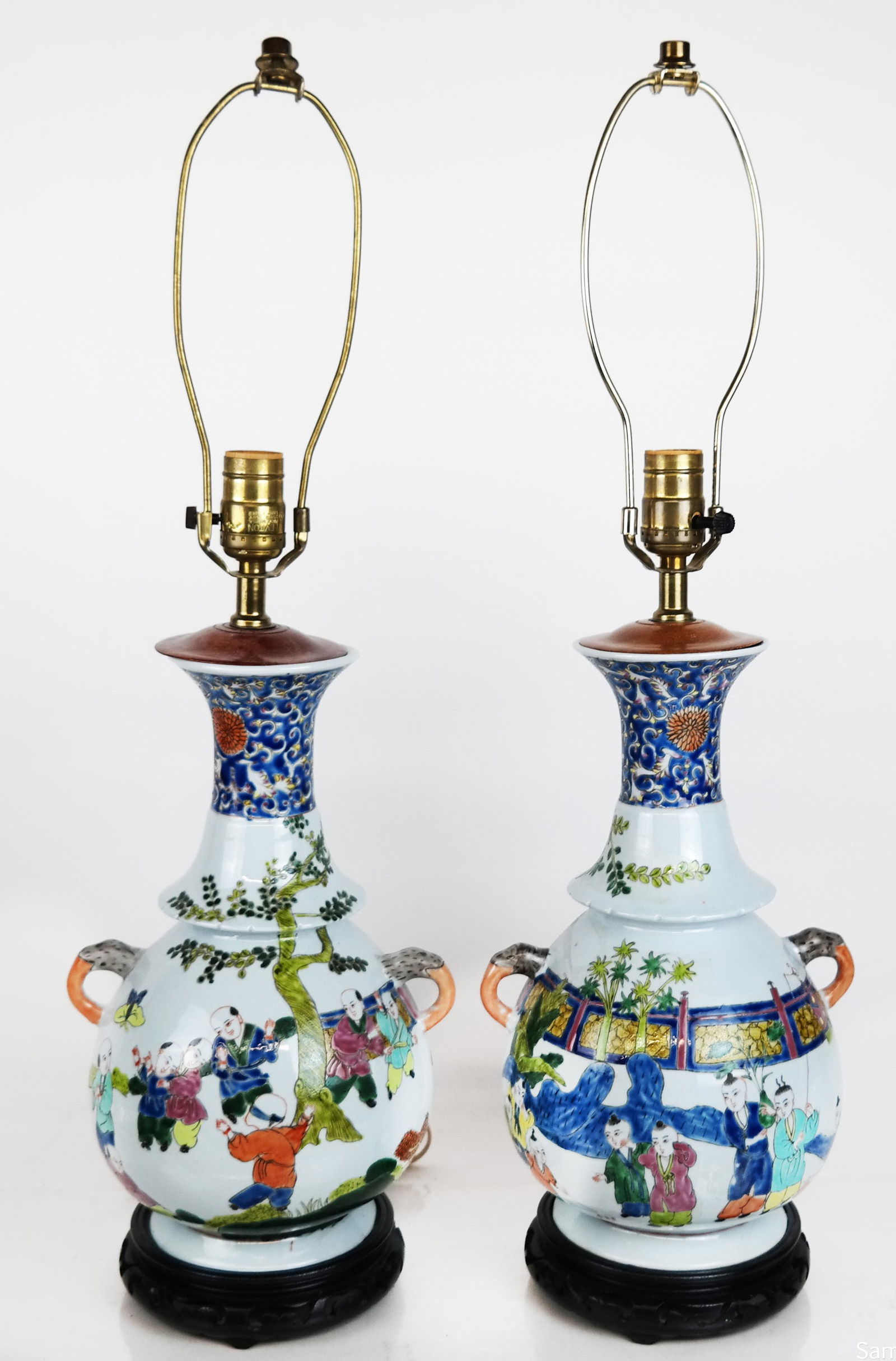 Pair Chinese Polychrome Porcelain Lamps (1 of 5)