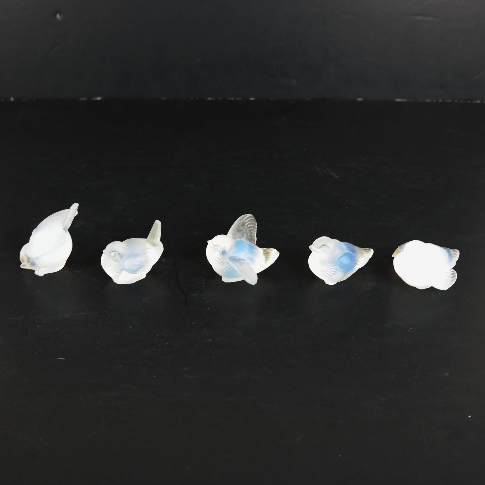 Five Sabino, Paris Frosted Crystal Birds: Group of five Sabino, Paris frosted crystal birds. [Largest: 1 1/2" H x 2 1/2" W x 2" D].