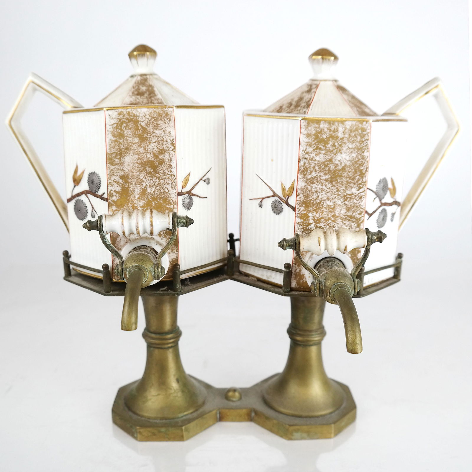 Asian Porcelain Tea Samovars on Brass Stand (1 of 10)