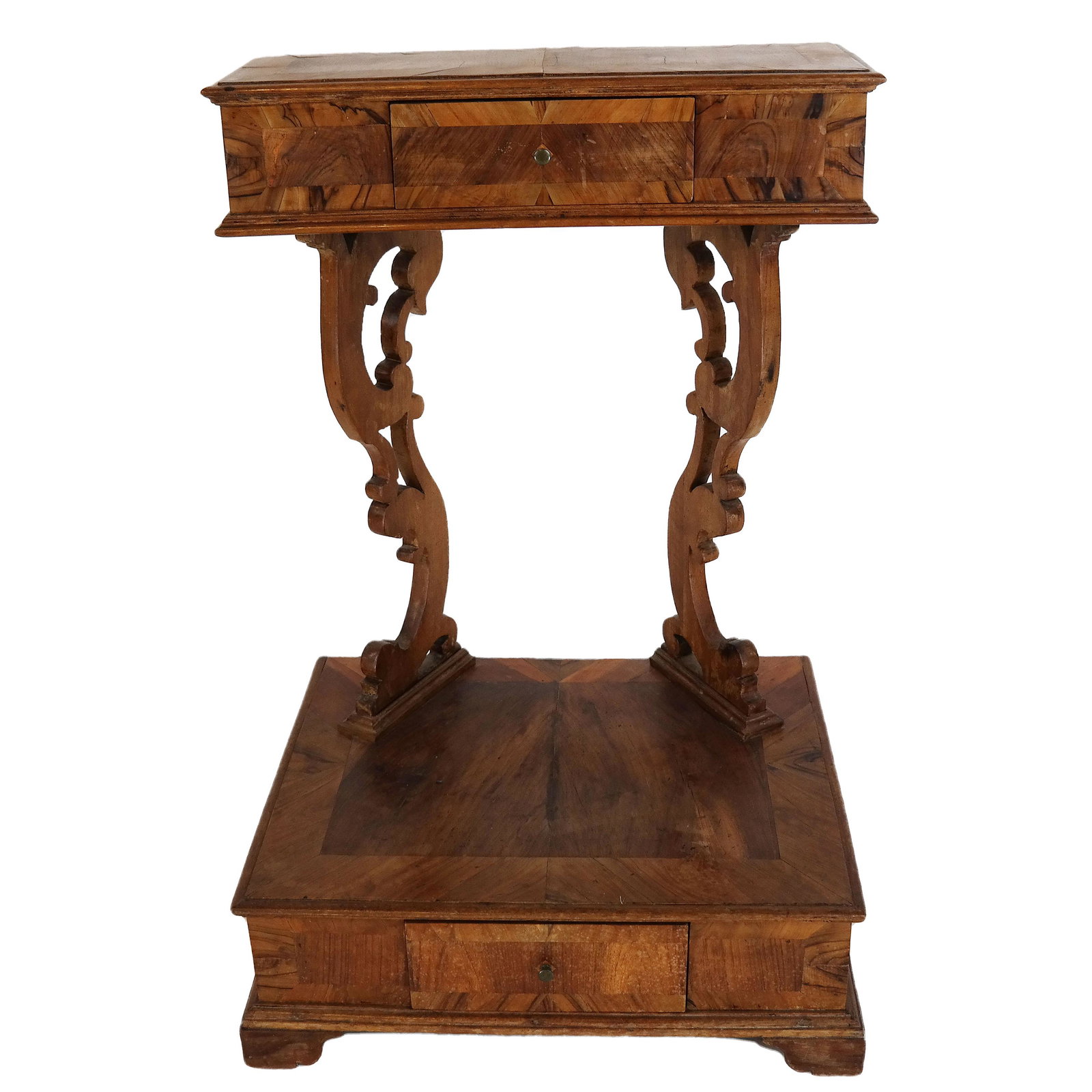 Continental Banded Burl Walnut Prie-Dieu: Antique Continental banded burl walnut prie-dieu. [33 1/2" H x 22 1/2" W x 17" D]. De-lamination to top.