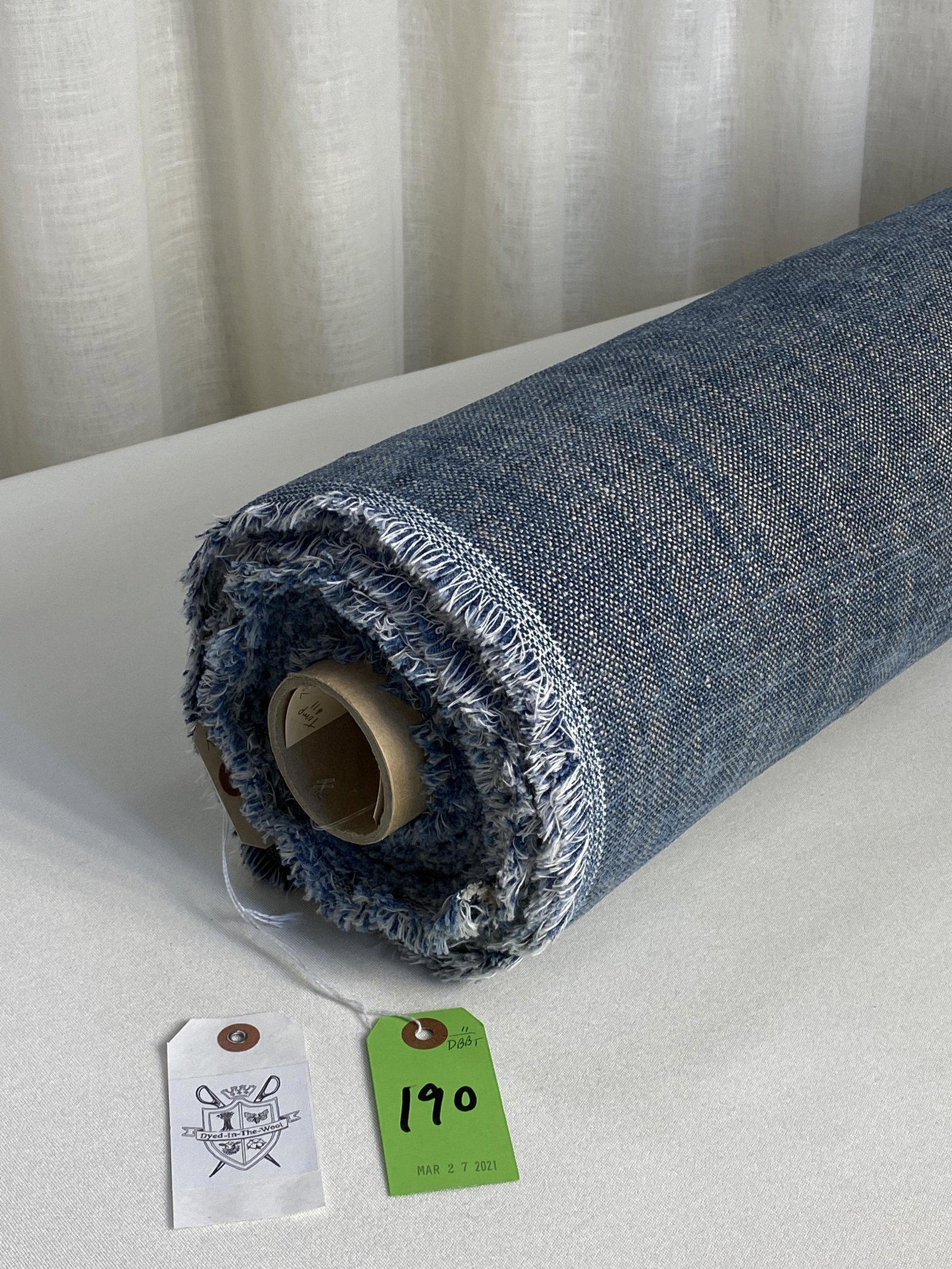 Colefax & Fowler Chenille Upholstery Texture: 15 3/4 yards pf Colefax & Fowler blue and tan upholstery chenille, in two lengths: 8 1/4 yards and 7 1/2 yards, both on the same tube.