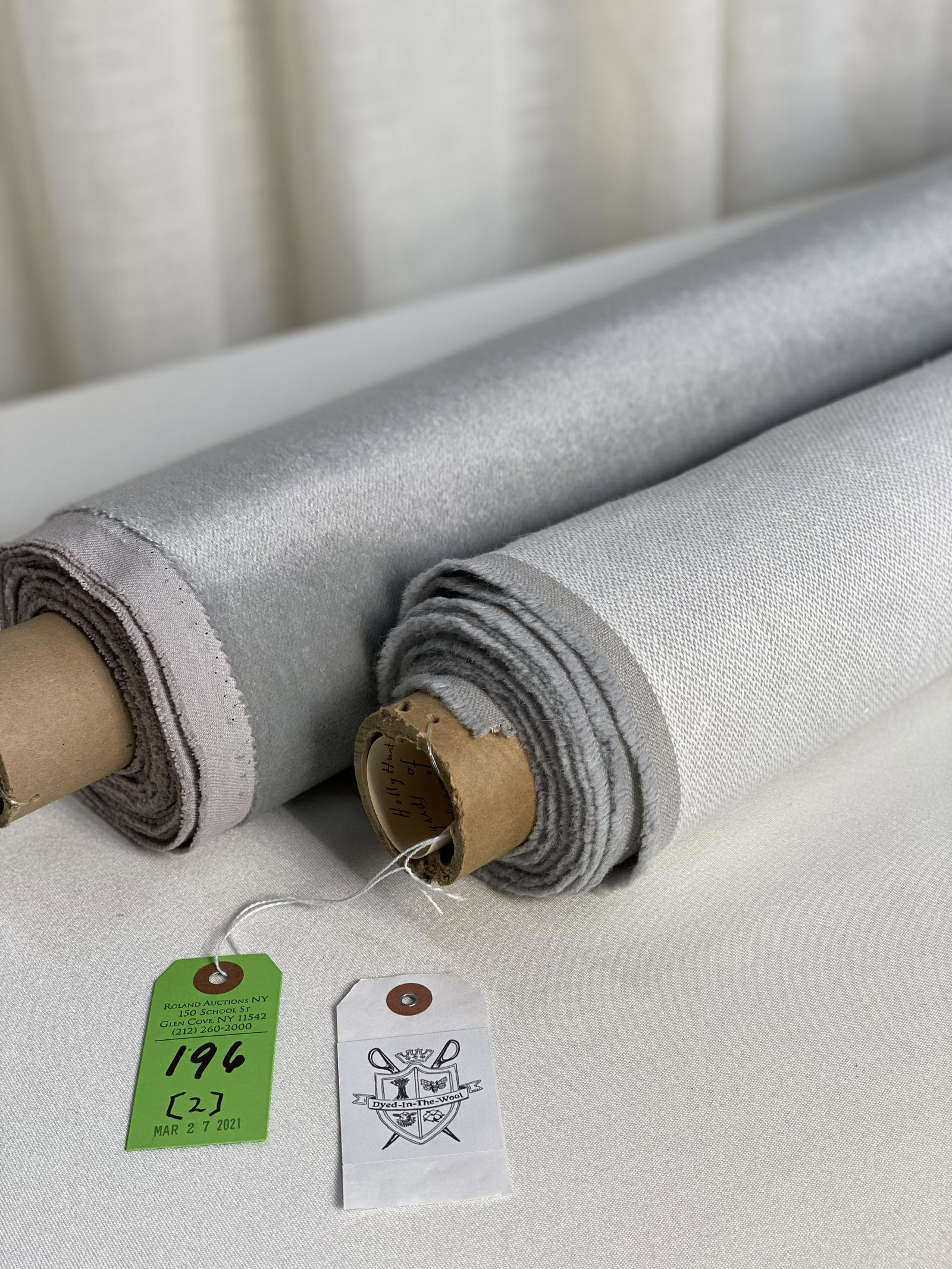 Holly Hunt Texture and Mohair Fabrics: 1) 5 1/4 yards of Holly Hunt's "Paradiso" upholstery texture in color "Steam", 56" W. The mini herringbone textile is 66% linen, 14% Alpaca wool and 20% merino wool, blended with acrylic. Passes 27,00