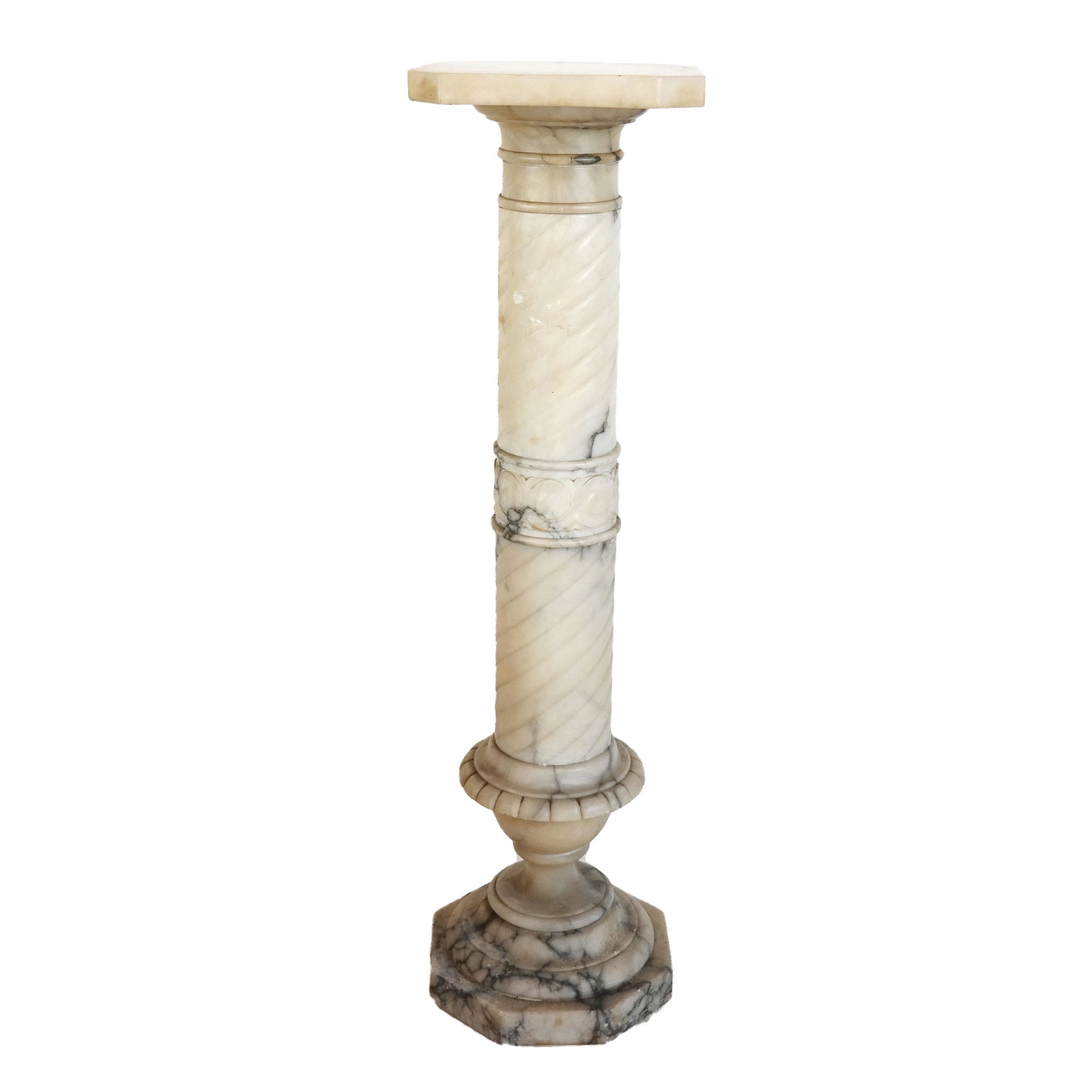 Cream Alabaster Pedestal: Cream alabaster pedestal. [44 1/4"H x 11 3/4" W x 11 3/4" D].
