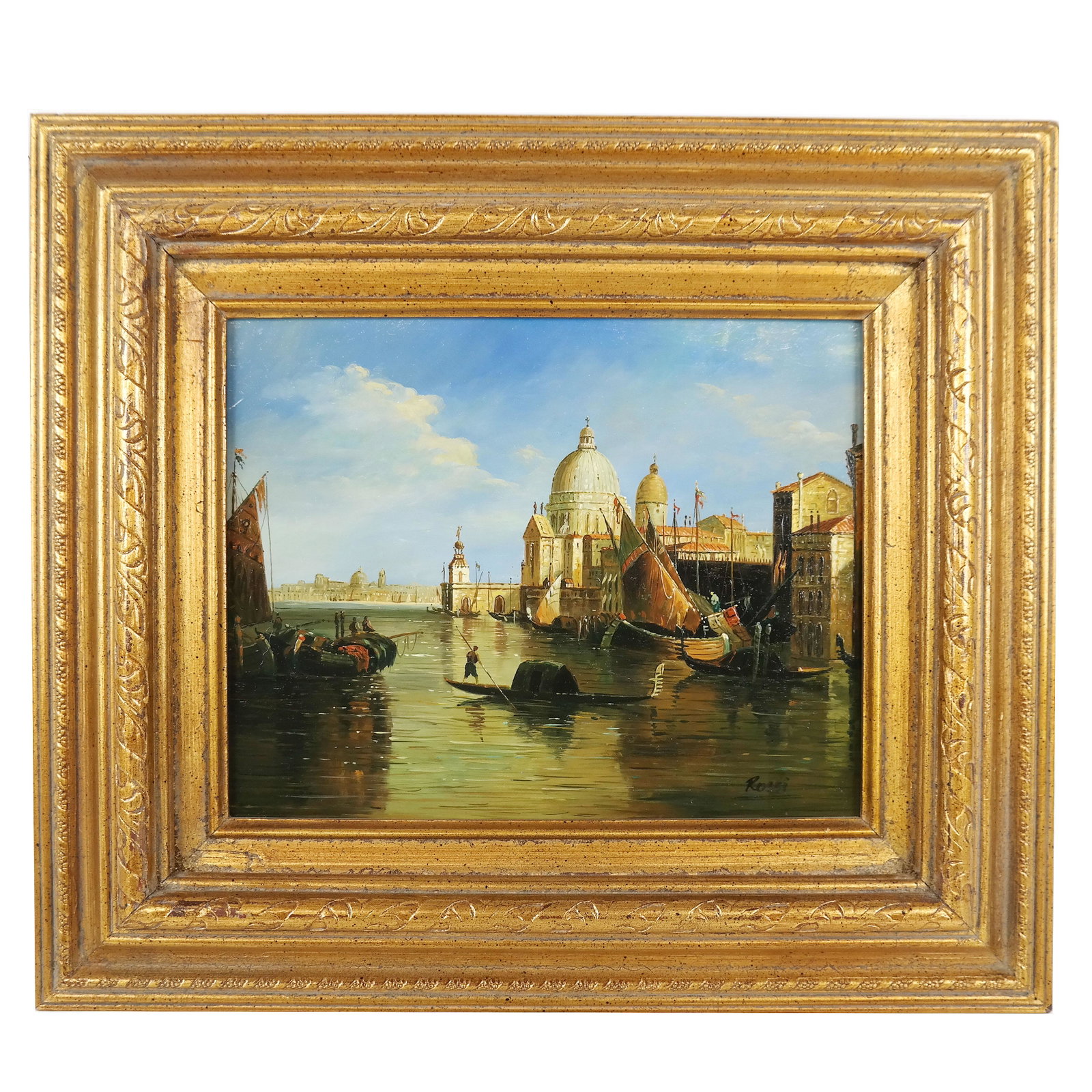 ROSSI: Venetian Canal Scene - Oil Painting: Oil on wood painting of a Venetian canal scene, signed "Rossi". [Art: 8" H x 10" W; Frame: 13 3/4" H x 15 1/2' W].