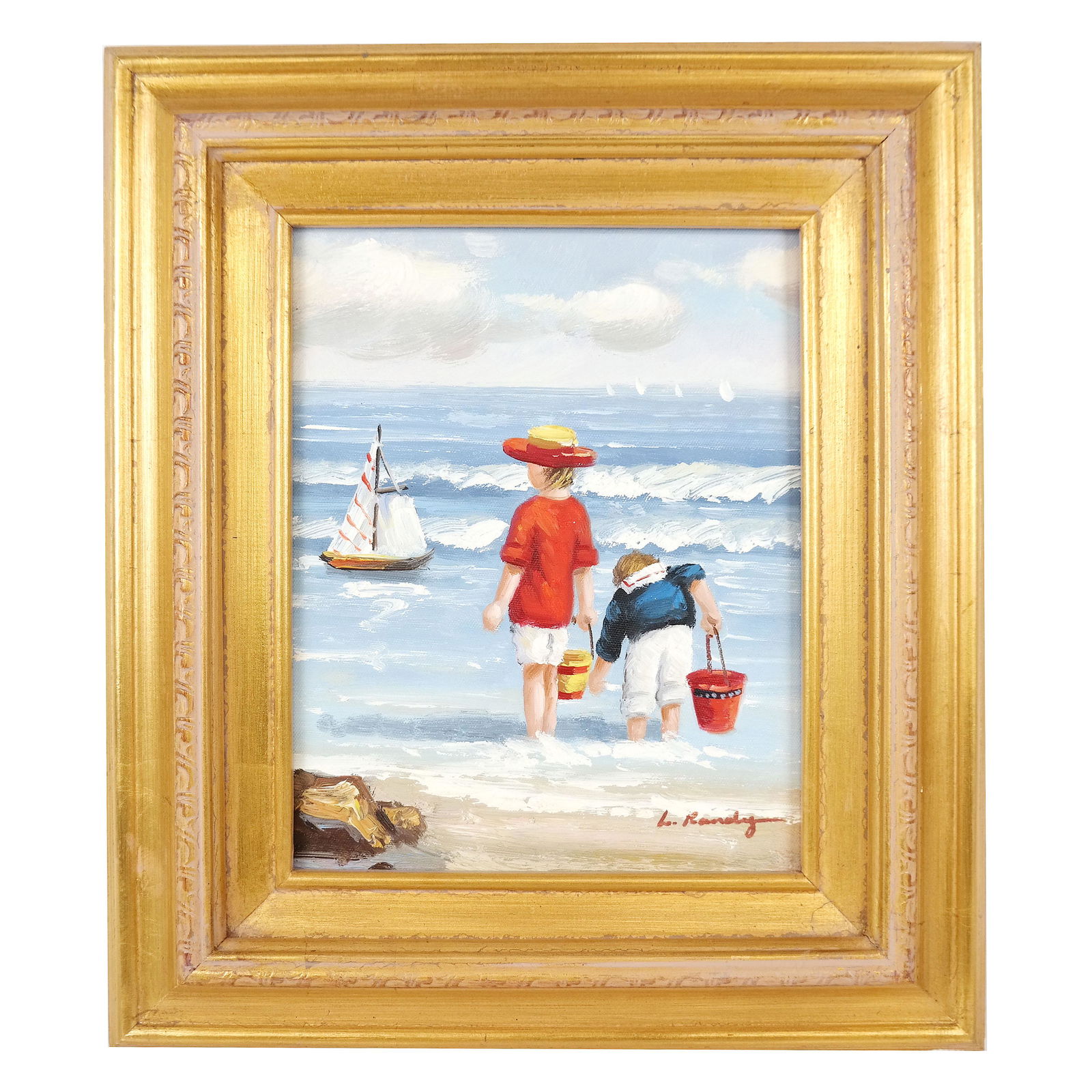 L. RANDY: Children by the Sea - Painting: An oil on masonite painting of two children by the sea, with boats, signed L. Randy. [Art: 9 5/8" H x 7 7/8" W; Frame: 15 1/4"H x 13 3/4" W].