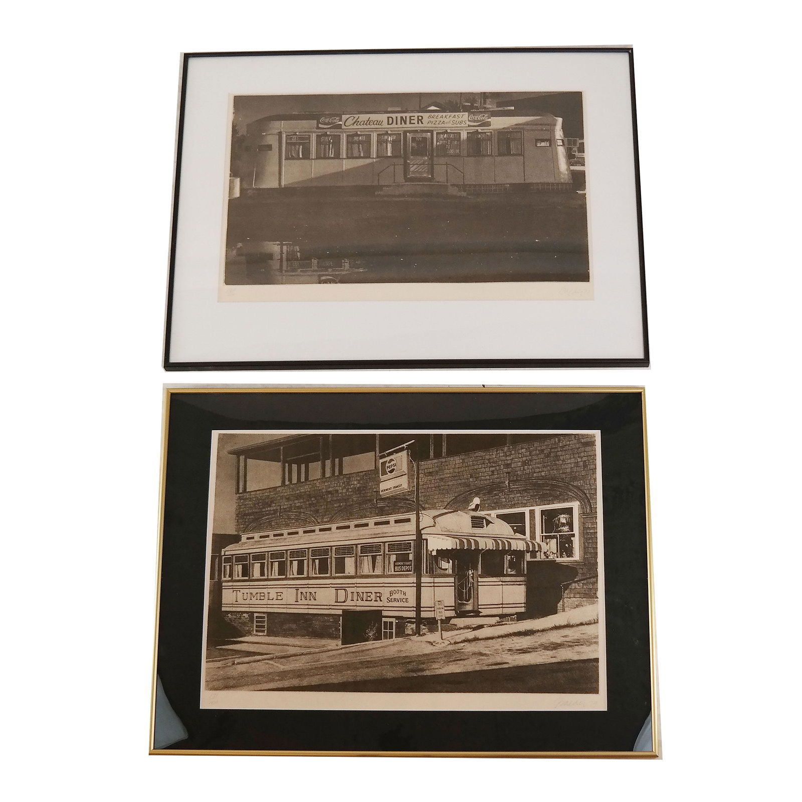 John BAEDER: Two Photolithographs: Two photolithographs of paintings by John Baeder (American, b. 1938), titled "Tumble Inn", numbered 171/200 and "Chateau", numbered 184/200. [Frames: 23"H x 30 1/2" W; 23 1/2" W x 30" W]. In good cond