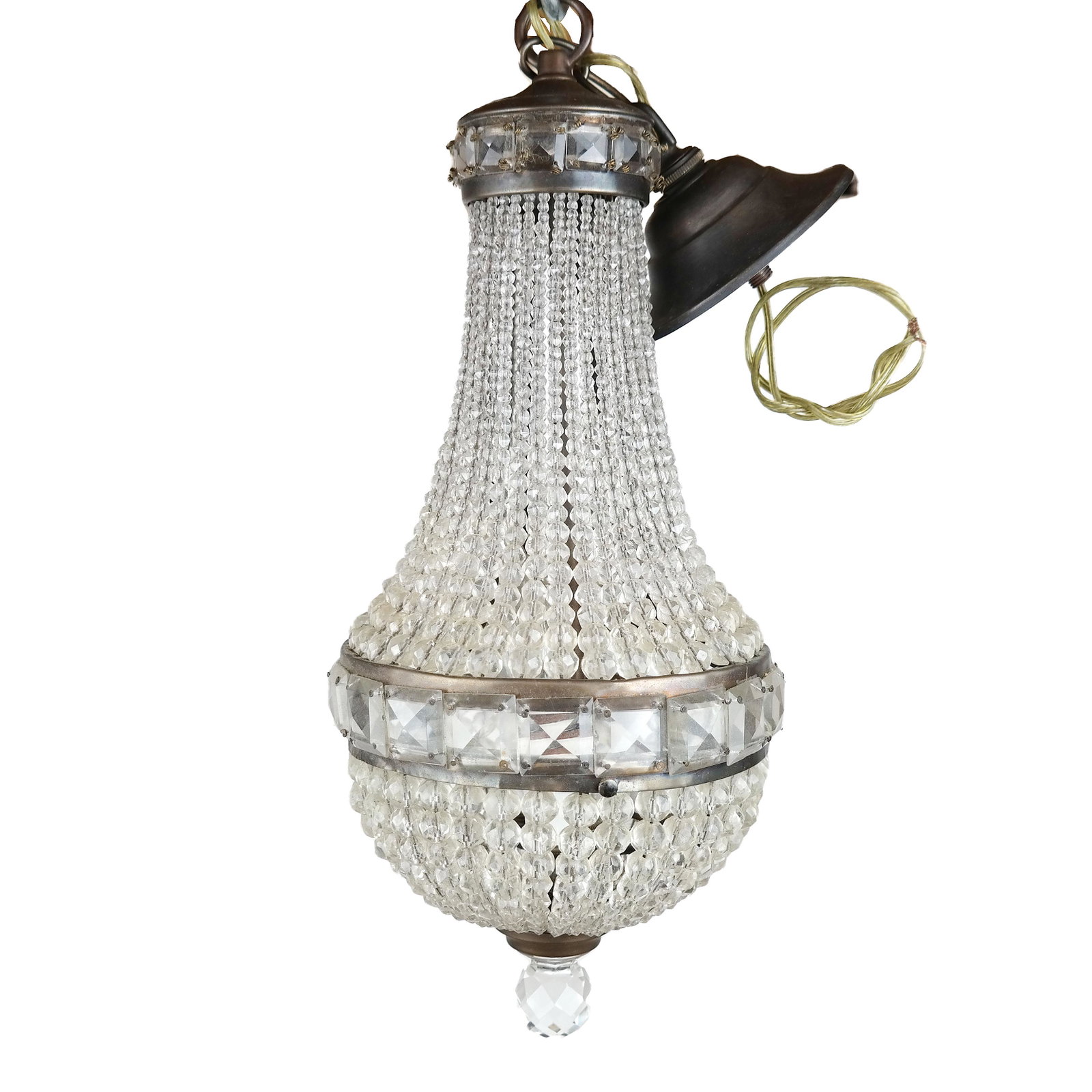 Pendant Form Crystal Chandelier: Pendant form crystal chandelier. [18" H x 8" Diam.]. In overall good condition.