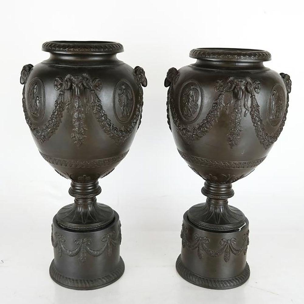 Pair Ceramic Basalt Relief Urns / Vases (1 of 6)