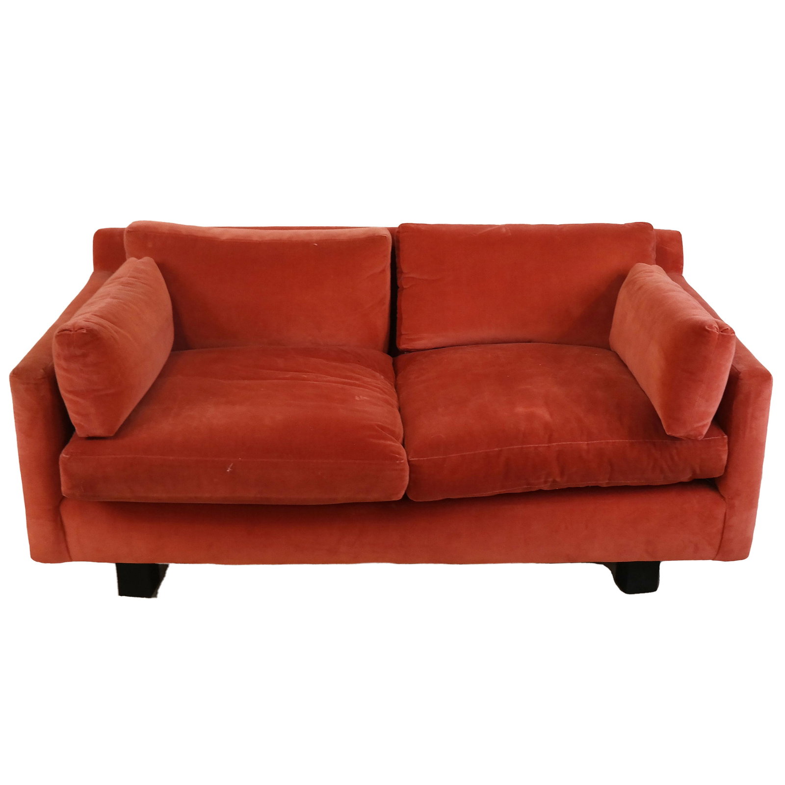 Mid-Century Modern Two-Seater Sofa: Mid-century modern two-seater sofa, upholstered in orange cotton velveteen. 27" H x 60" W x 33 1/2" W]. Minor wear to upholstery.