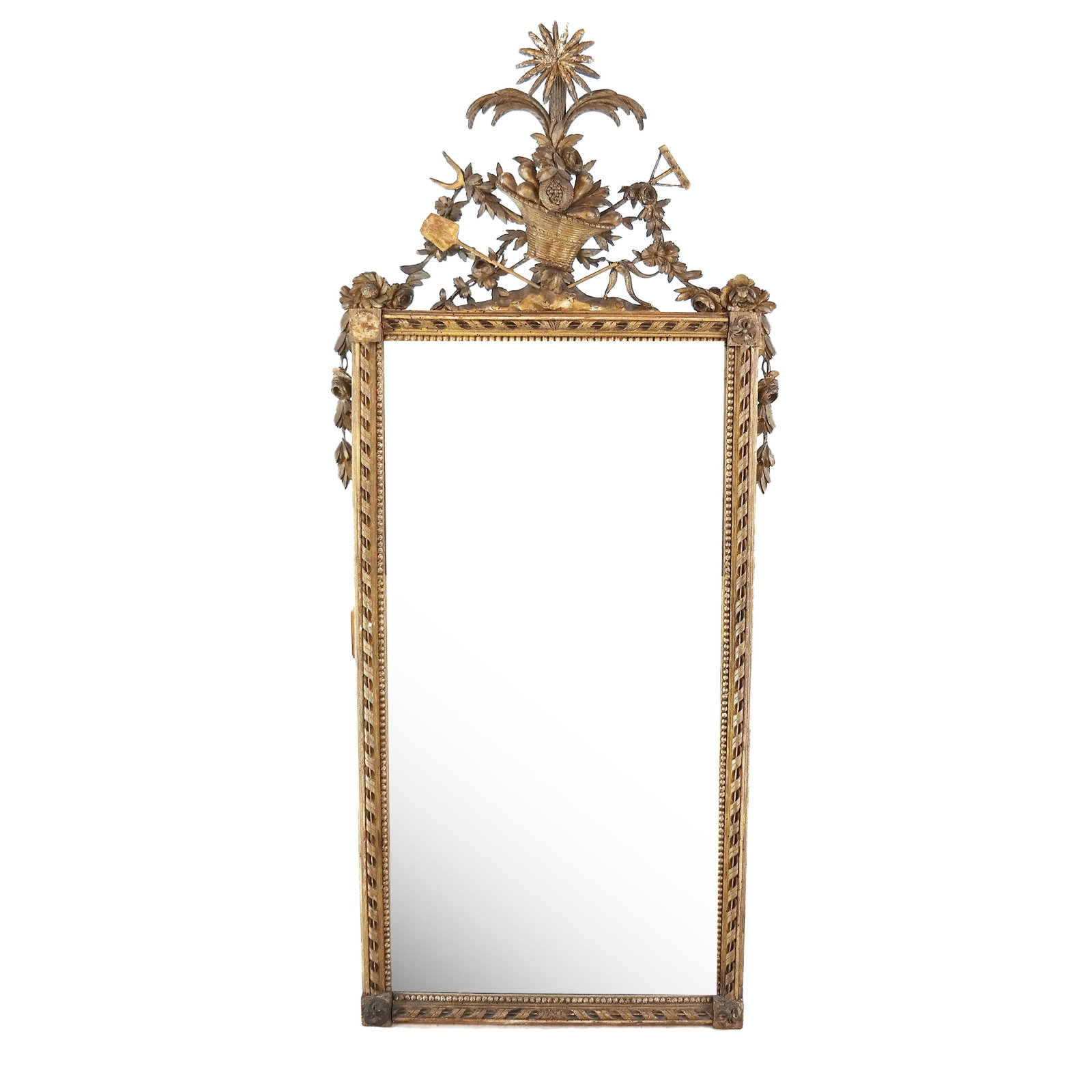 George III Carved Gilt Wood Mirror: George III carved gilt wood mirror, with flower basket crest. Mirror has a double top half. [62 1/2" H x 27 1/2" W]. Top mirror with silvering.