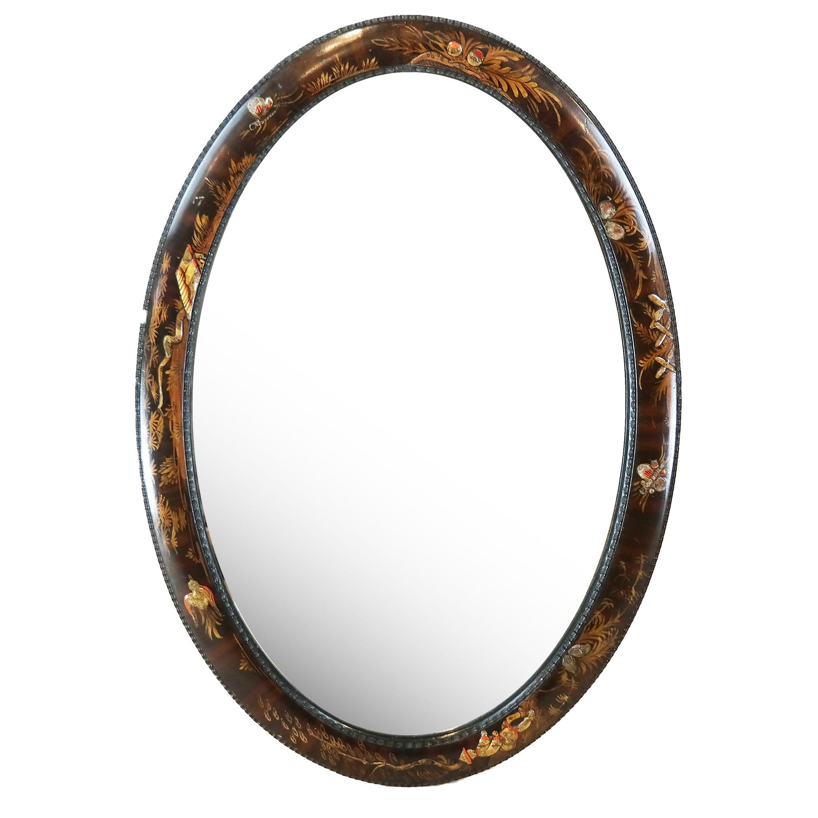 George III-Style Japaned Oval Mirror: George III-style japanned oval mirror. [33" H x 22 1/2" W]. In good condition.