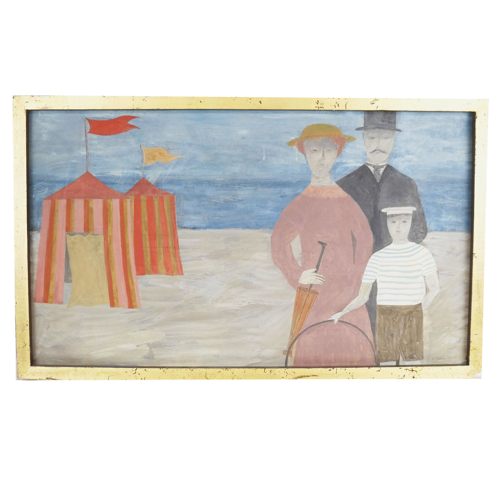 Ernest RUSTIA: Family at Beach - Painting: Oil on board painting of a family at the beach. Label on verso. [Art: 14"H x 25" W; Frame: 16"H x 27" W].