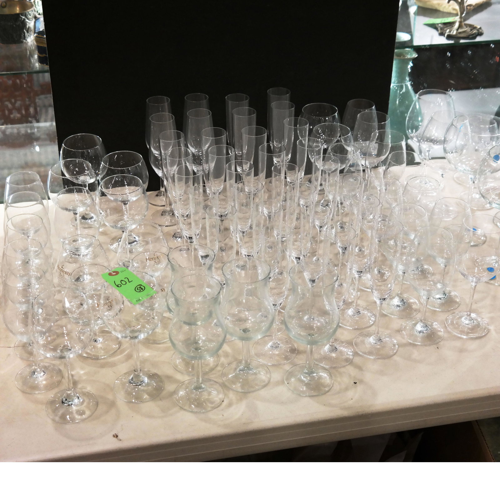68 Pieces Assorted Stemware: Lot includes long-stem wine glasses, champagne flutes, others. [Tallest: 9" H].