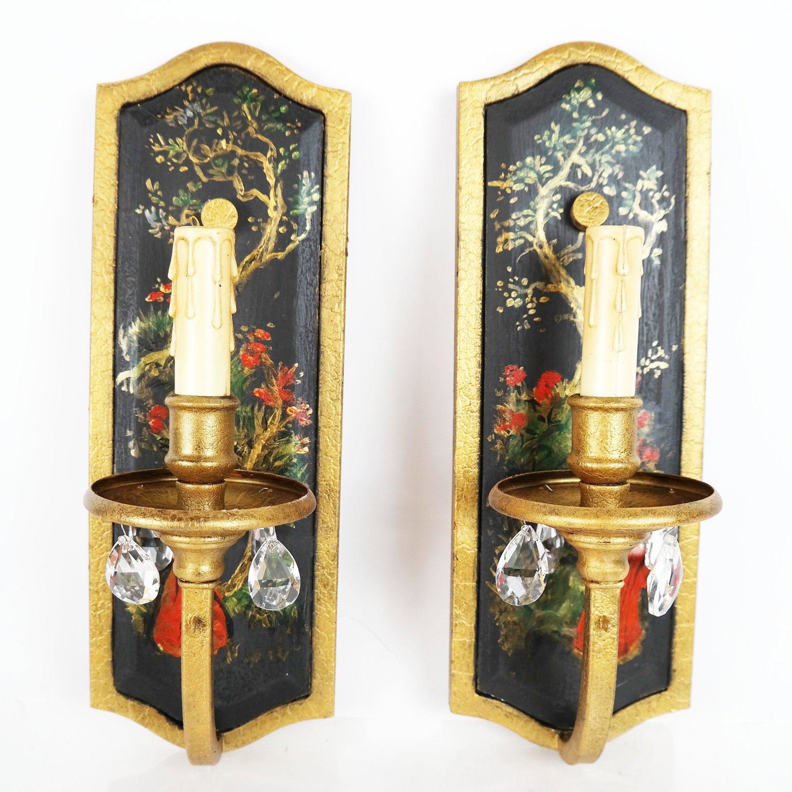 Pair of Chinoiserie-Style Sconces: Pair of painted and gilt sconces, the bobeches with crystal prisms. [14" H x 5" W x 4" D].