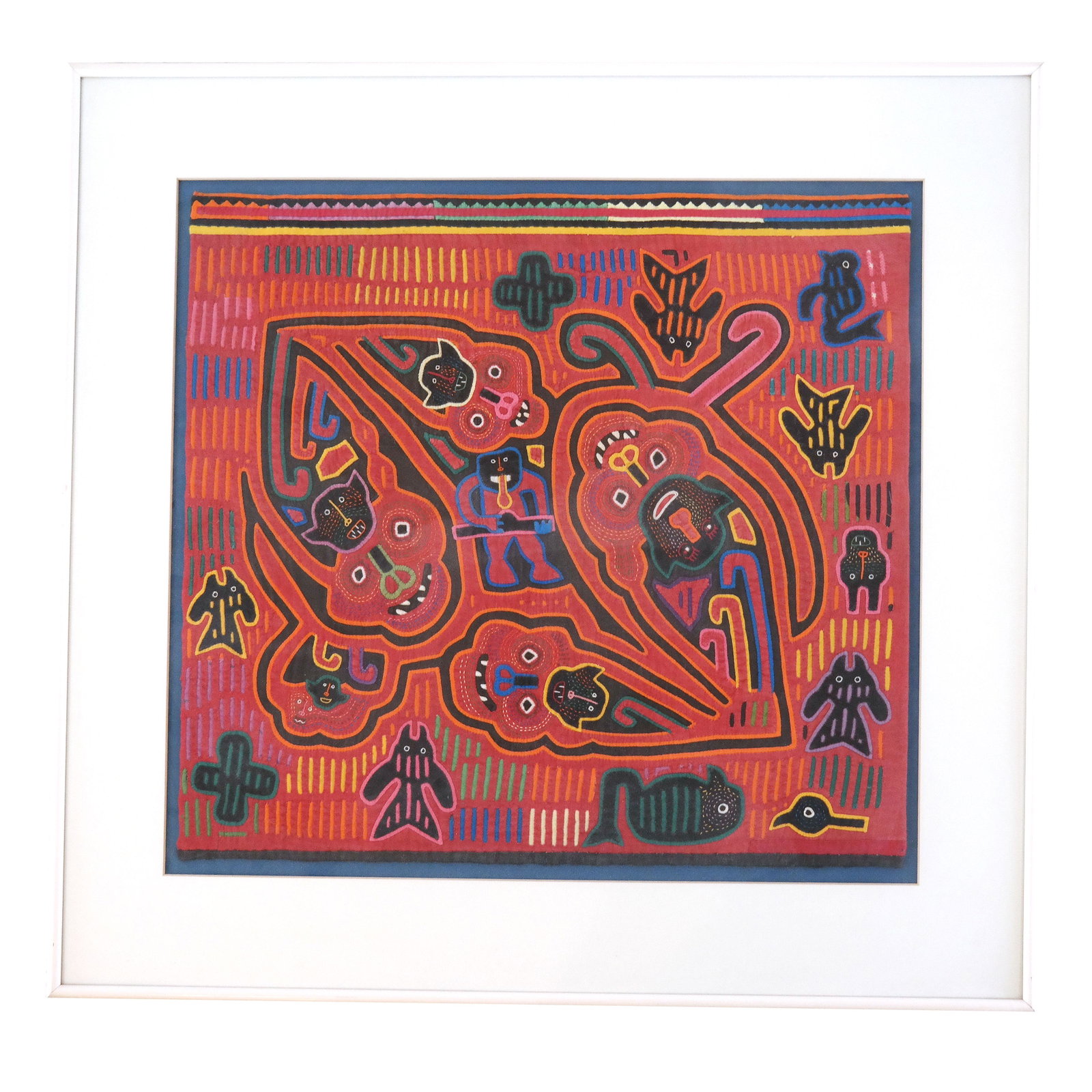 Framed Aboriginal Textile: Framed Aboriginal textile with animals, demons and a figure with a rifle. [Sight: 18 1/2" H x 27 3/4" W; Frame: 25" H x 26" W].