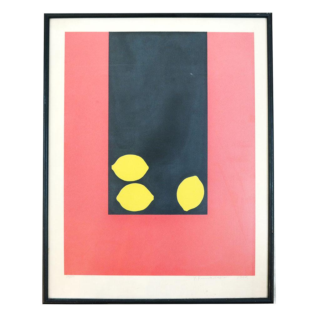 Yoshisuke FUNISAKA: Lemons - Woodblock: Composition with lemons, woodblock print, by Yoshisuke Funisaka, signed lower right, numbered 26/50 lower left, in pencil. [Image: 21 1/2"H zx `6 3/4' W; Frame: 25 3/4" H x 20 1/4" W]. In good condiit