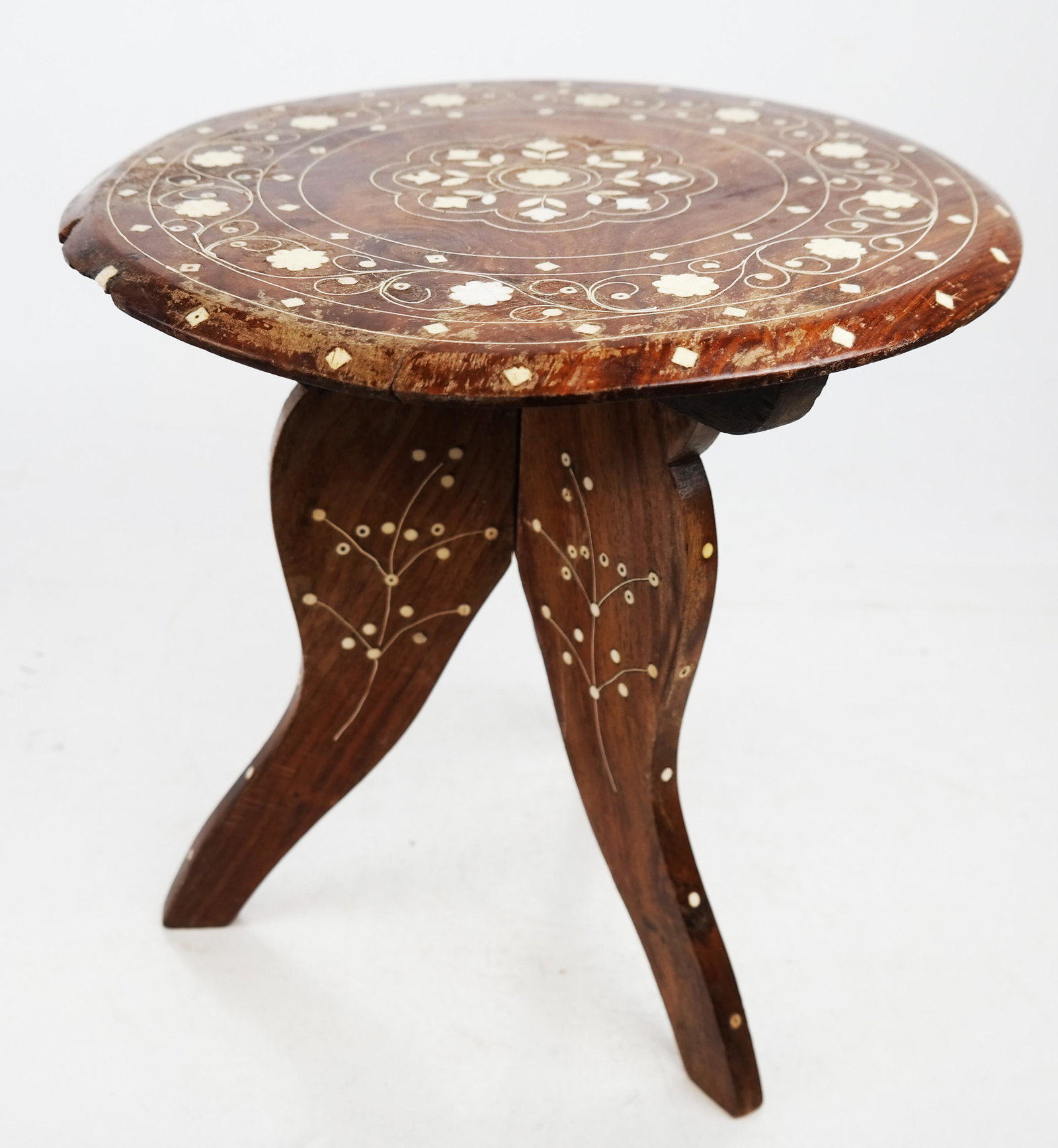 Miniature Syrian Tea Table: Inlaid tripod table. [12" H x 12" Diam.]. Wear to top; chip from edge.