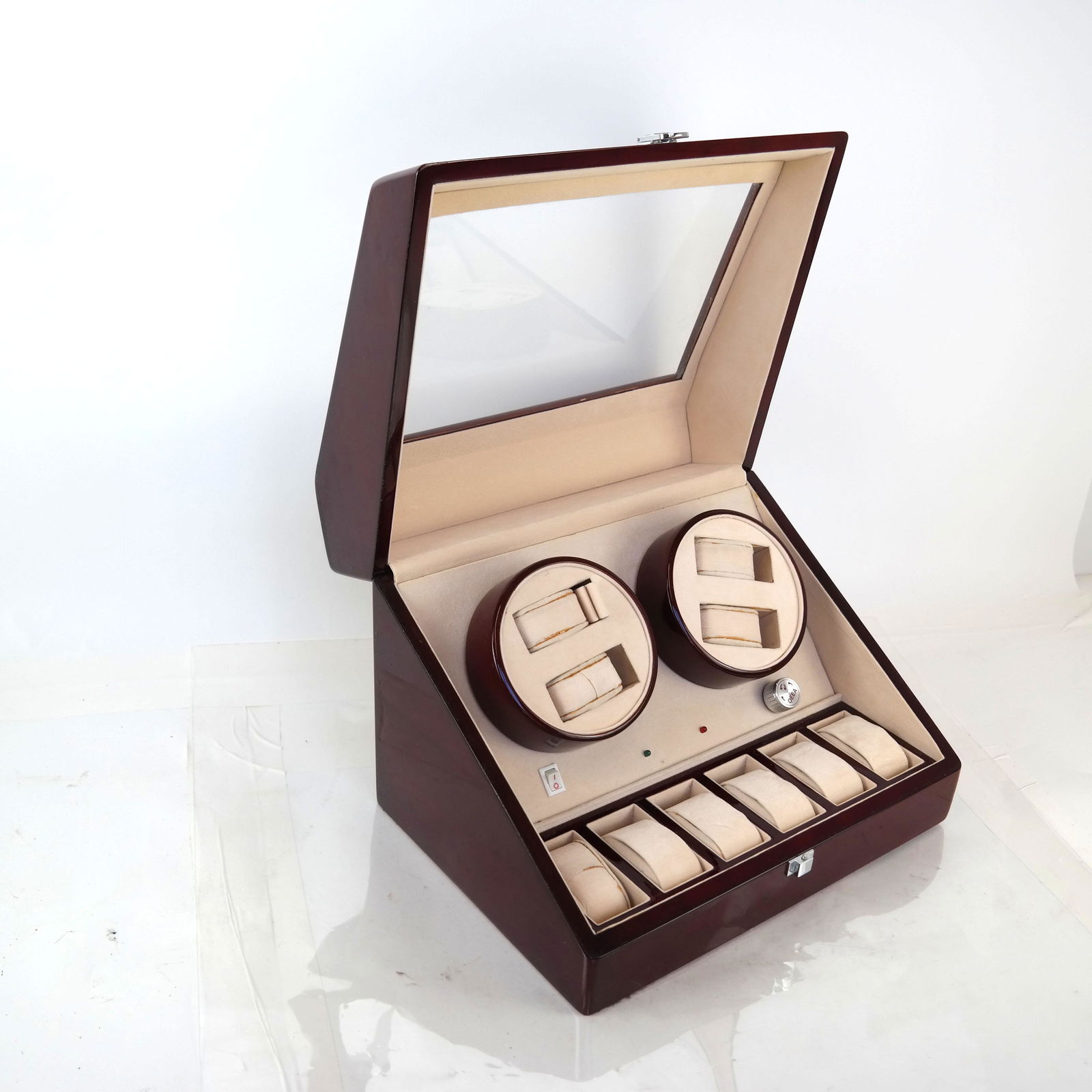 Tabletop Wristwatch Display Case " OEEA ": Display case with lift top with rotating display. [11" H x 15" W x 11" D]. Needs work. "OEEA" on one knob