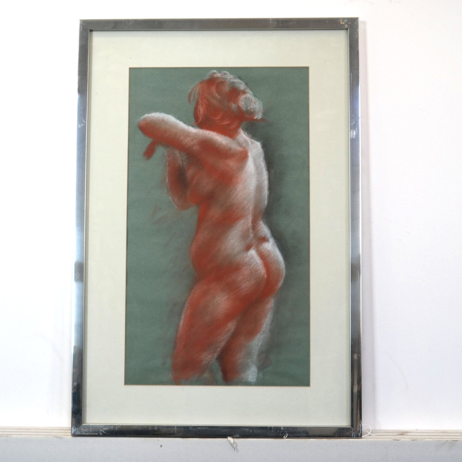 Patrick CORSO: Nude Study - Drawing: Conte red chalk on paper study of a female nude from behind by Patrick Corso (American), bearing gallery label on verso "Dickinson State College Exhibition, 1969". [Art: 23"H x 13" W; Frame: 31"H x 21