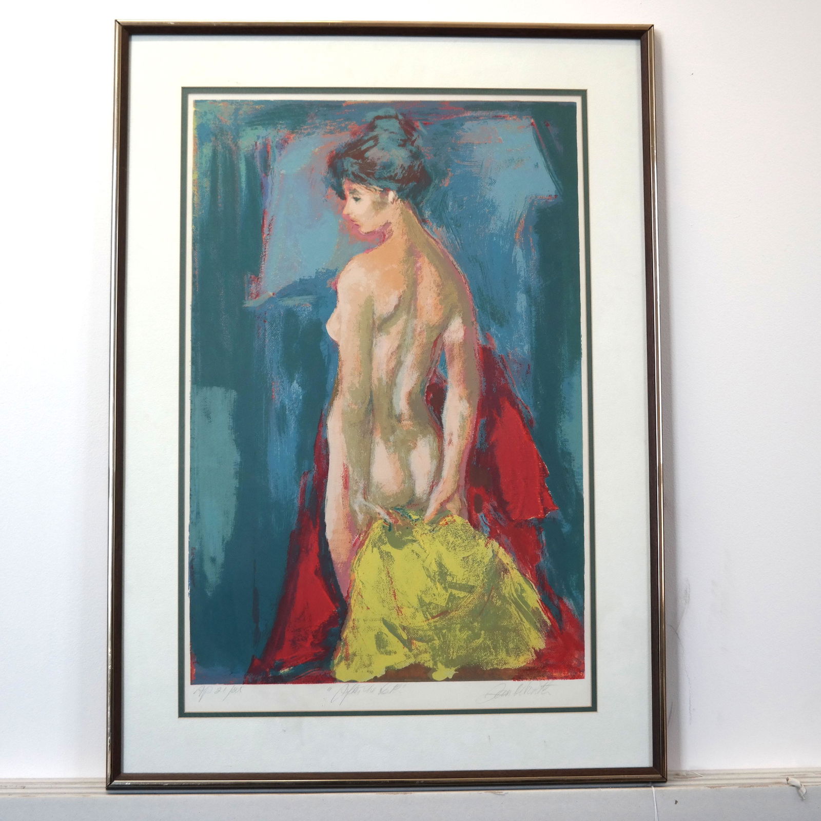 Jan DE RUTH: Female Nude - Lithograph: Lithograph of a female nude with a towel, by Jan de Ruth, A/P 21/25, signed lower right, titled "After the Bath". [Art: 25" H x 16" W; Frame: 33" H x 24" W].