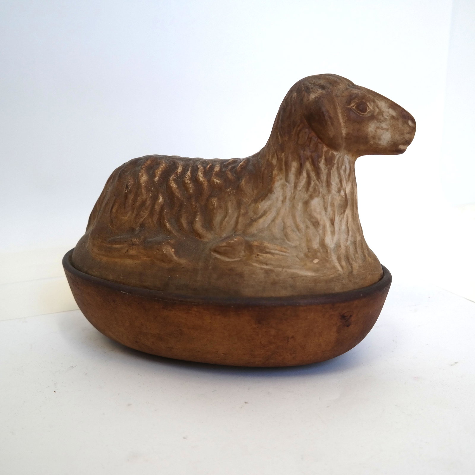 Antique Wedgwood-Style Covered Tureen: Wedgwood-style crackleware tureen, the cover in the form of recumbent sheep. [10" H x 12' W x 8" D].