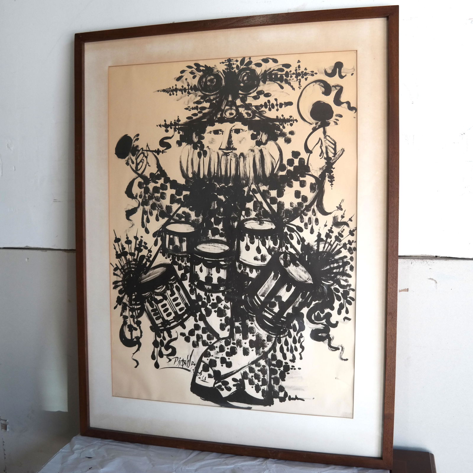Large Bjorn Winblaad Lithograph: Jester with drums, signed in plate. [Art: 32" H x 24" W; Frame: 41" H x 31" W].