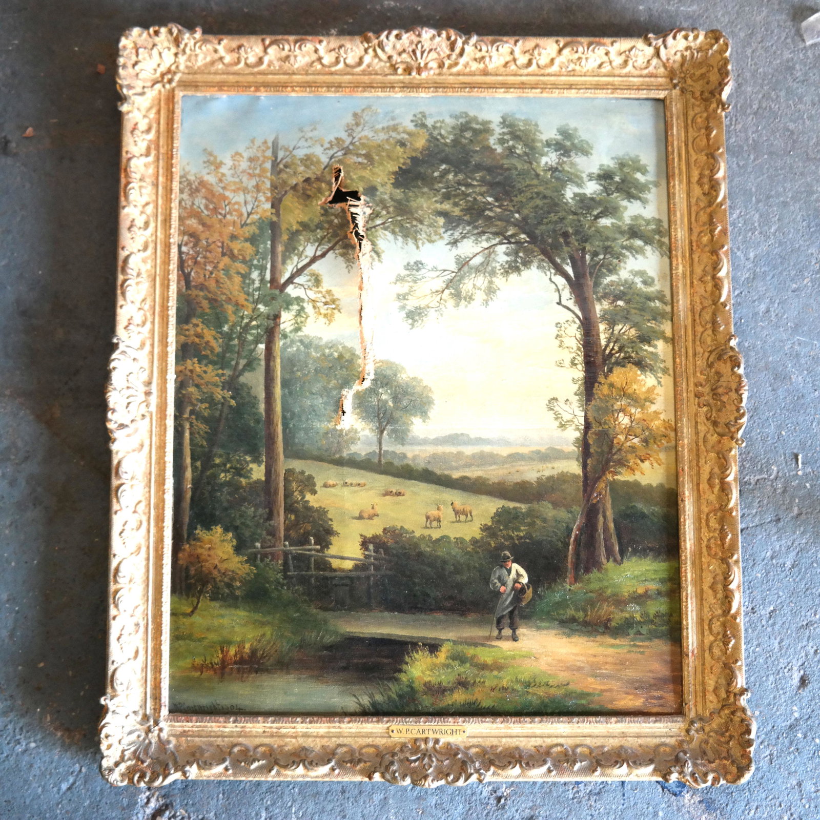 Wm. CARTWRIGHT: Landscape- Painting: Landscape oil on canvas painting with sheep and shepherd, signed lower left "William Cartwright" and dated 1904. [Art: 20" H x 16" W; Frame: 25" H x 21" W]. As is.