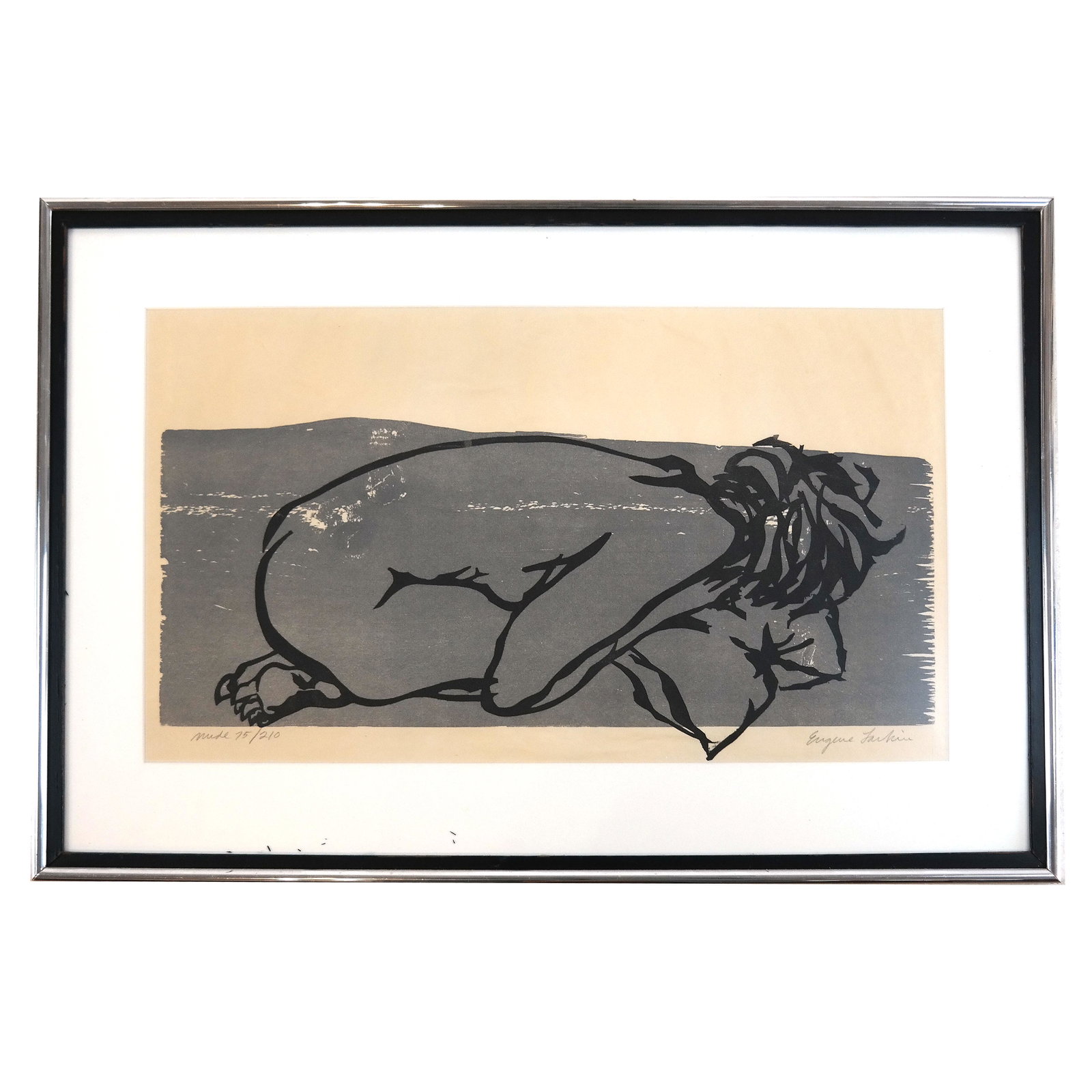 Eugene LARKIN: Nude - Lithograph: Eugene D Larkin (American, 1921 - 2010) lithograph on paper depicting a nude female with head on pillow. Pencil signed to lower right, numbered 75/210. [Sight: 16" H x 27 1/2" W; Frame: 24 1/4" H x 36