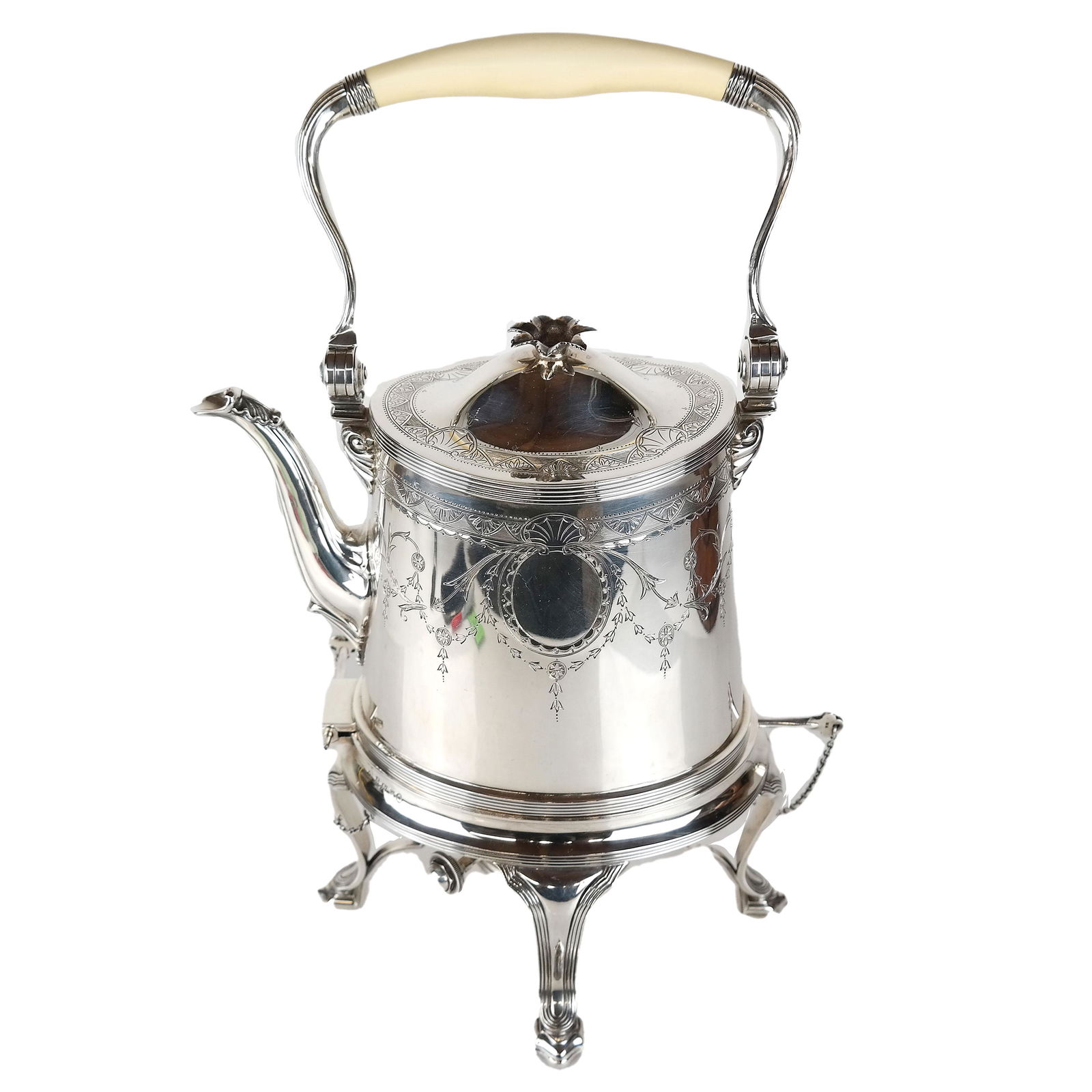 English Sterling Silver Kettle on Stand: English etched sterling silver oval-shaped kettle on stand. Stand not marked. Kettle weight 48.125 ozt. [Kettle: 7" H x 7" W x 5" D; Stand: 4 1/2" H x 8 1/2" W x 7 1/8" D].