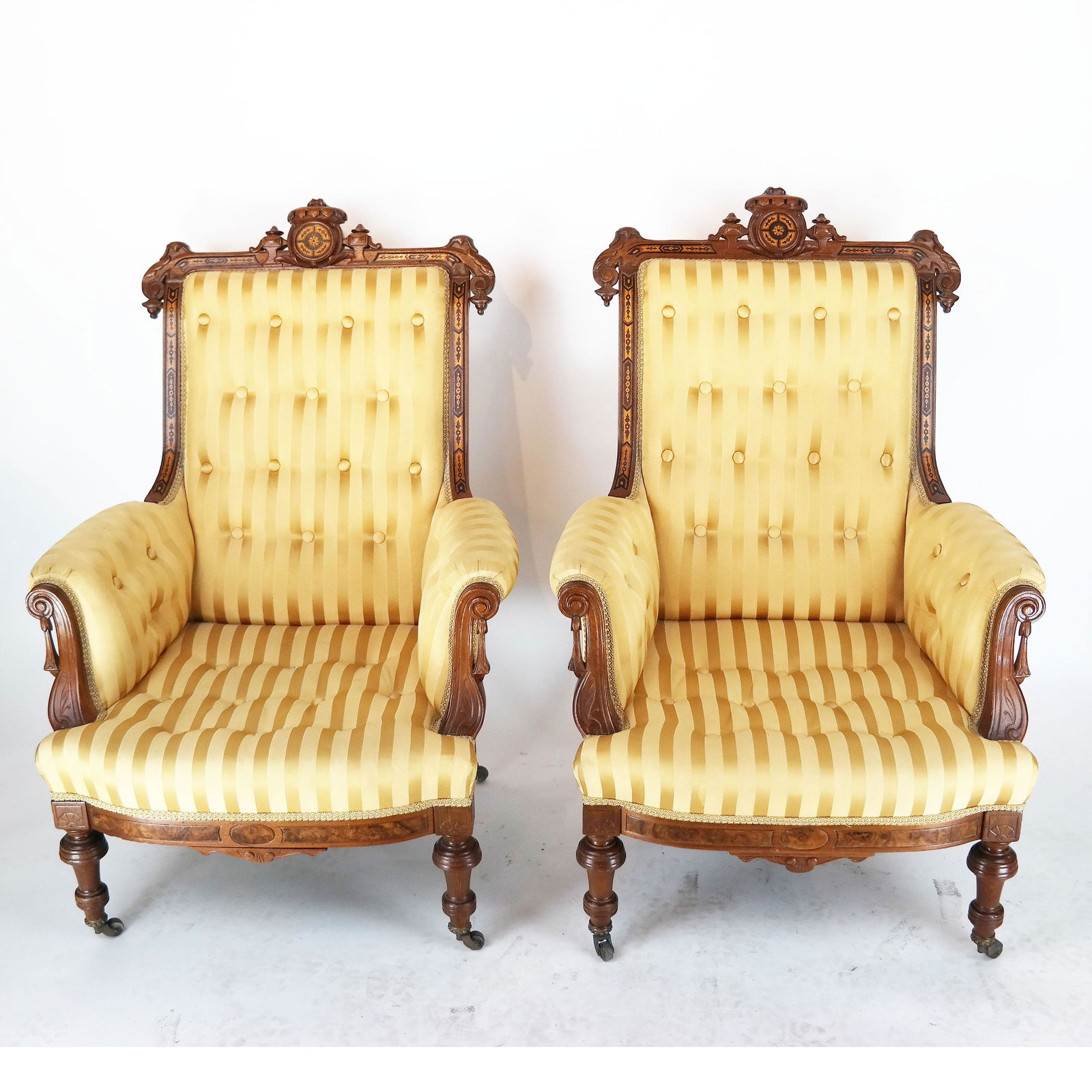 Pair of English Victorian Burl Walnut Arm Chairs (1 of 7)