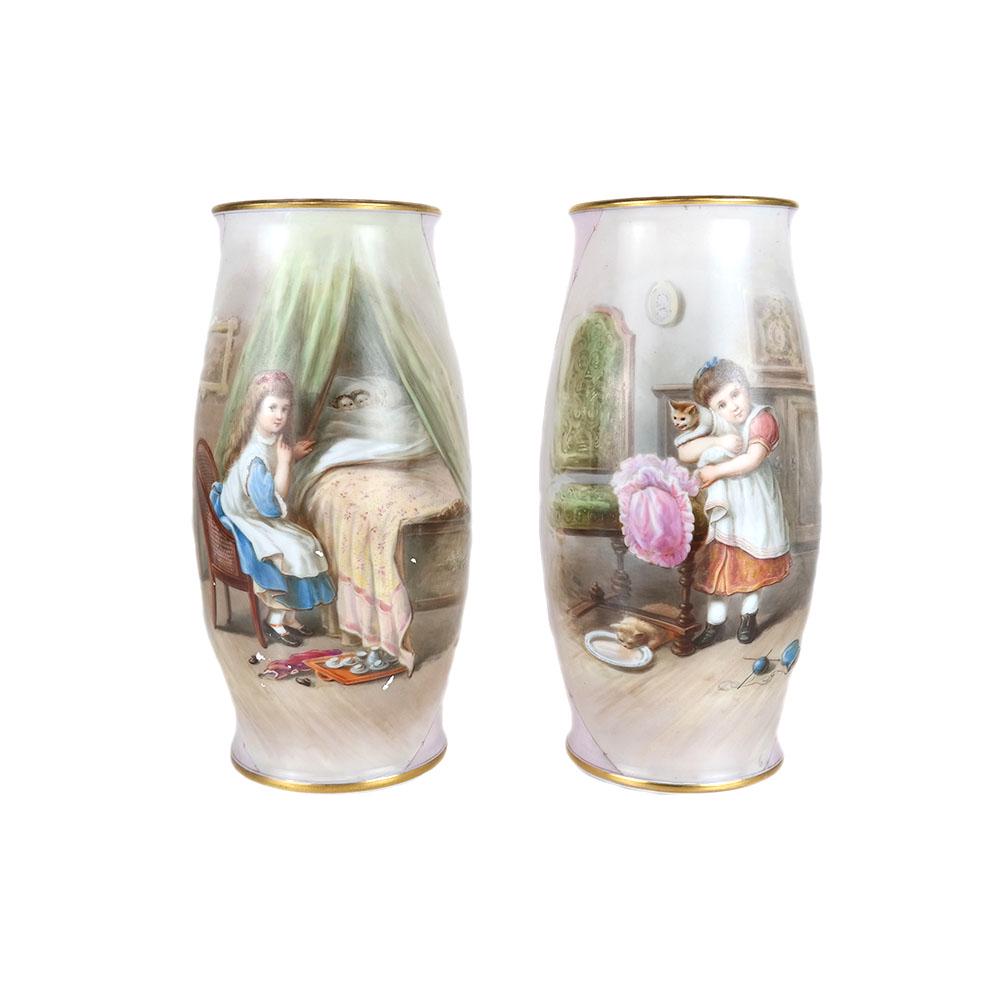 Pair of French Opaline Glass Vases: Pair of French opaline glass vases, with parcel gilding and delicately painted scenes of children with their dolls and pets. [11" H].