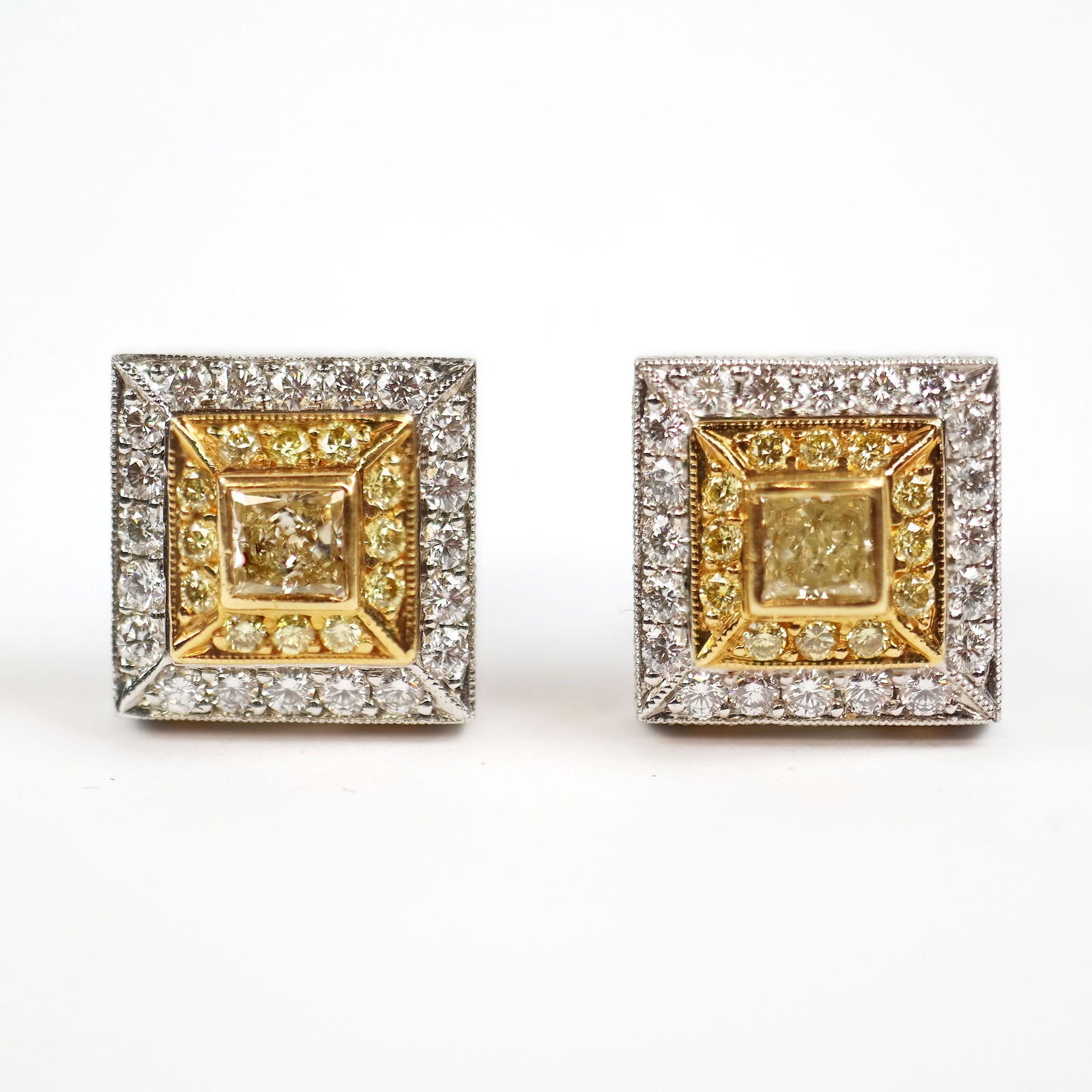 Pair Square Yellow Diamond Earrings (1 of 6)